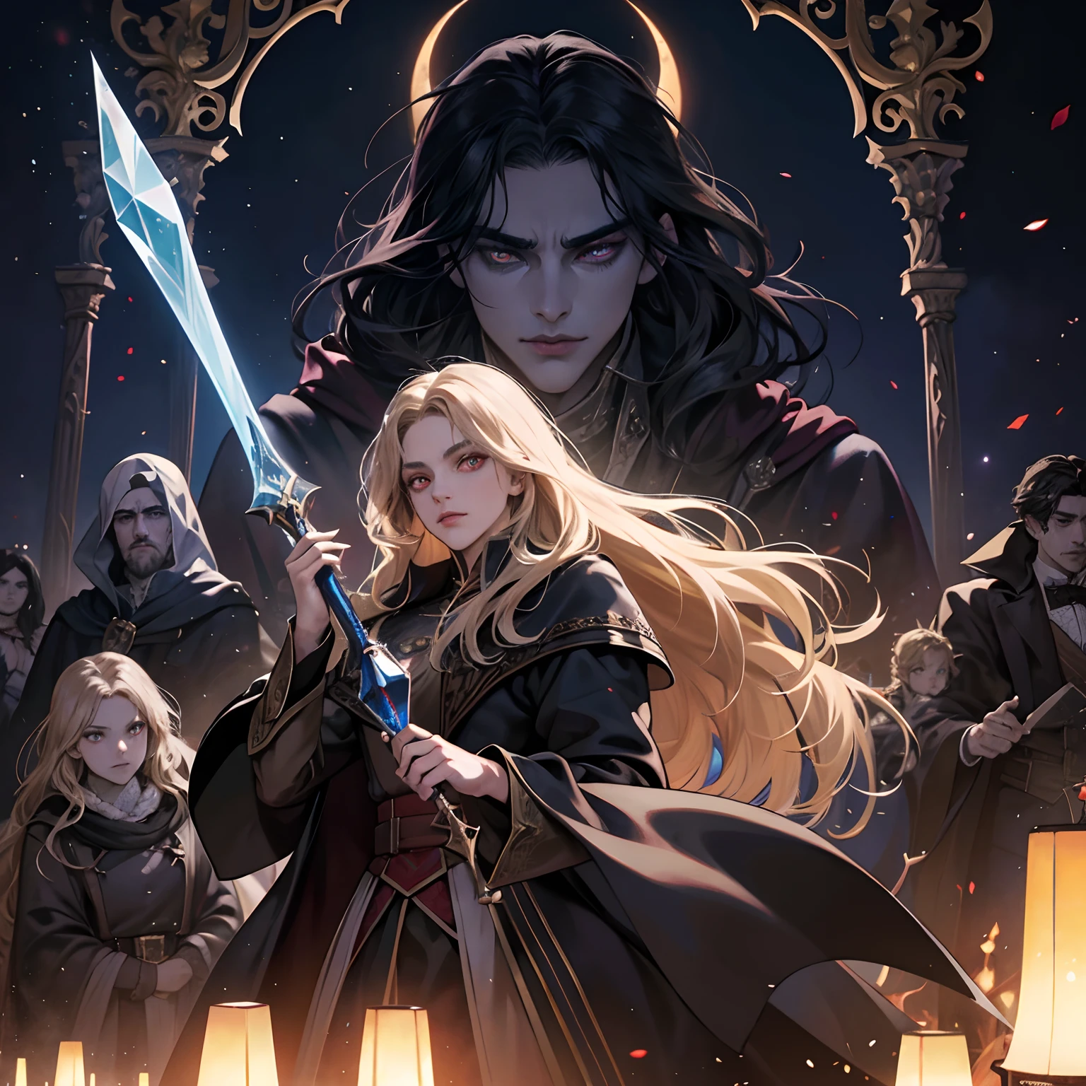 Castlevania Lord of the shadows hyper realistic super detailed Dynamic shot master piece scene cinématique scènes movie Epic Legendary Lord Dracula talking to his Islamique marocain princesse glowing crystal eyes hyper realistic super detailed