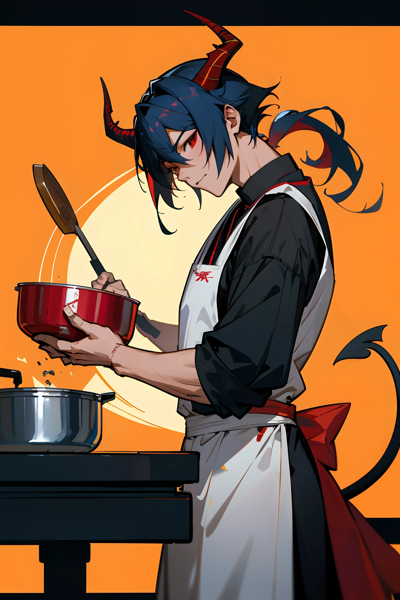 anime - style image of a man with a demon costume, kitchen, cooking, by Yang J, by Shitao, artwork in the style of guweiz, guweiz on pixiv artstation, kawacy, highly detailed exquisite fanart, guweiz on artstation pixiv, detailed digital anime art, guweiz, skinny male fantasy alchemist, (male), (1boy), (solo), (demon tail), (horns), back to camera, apron