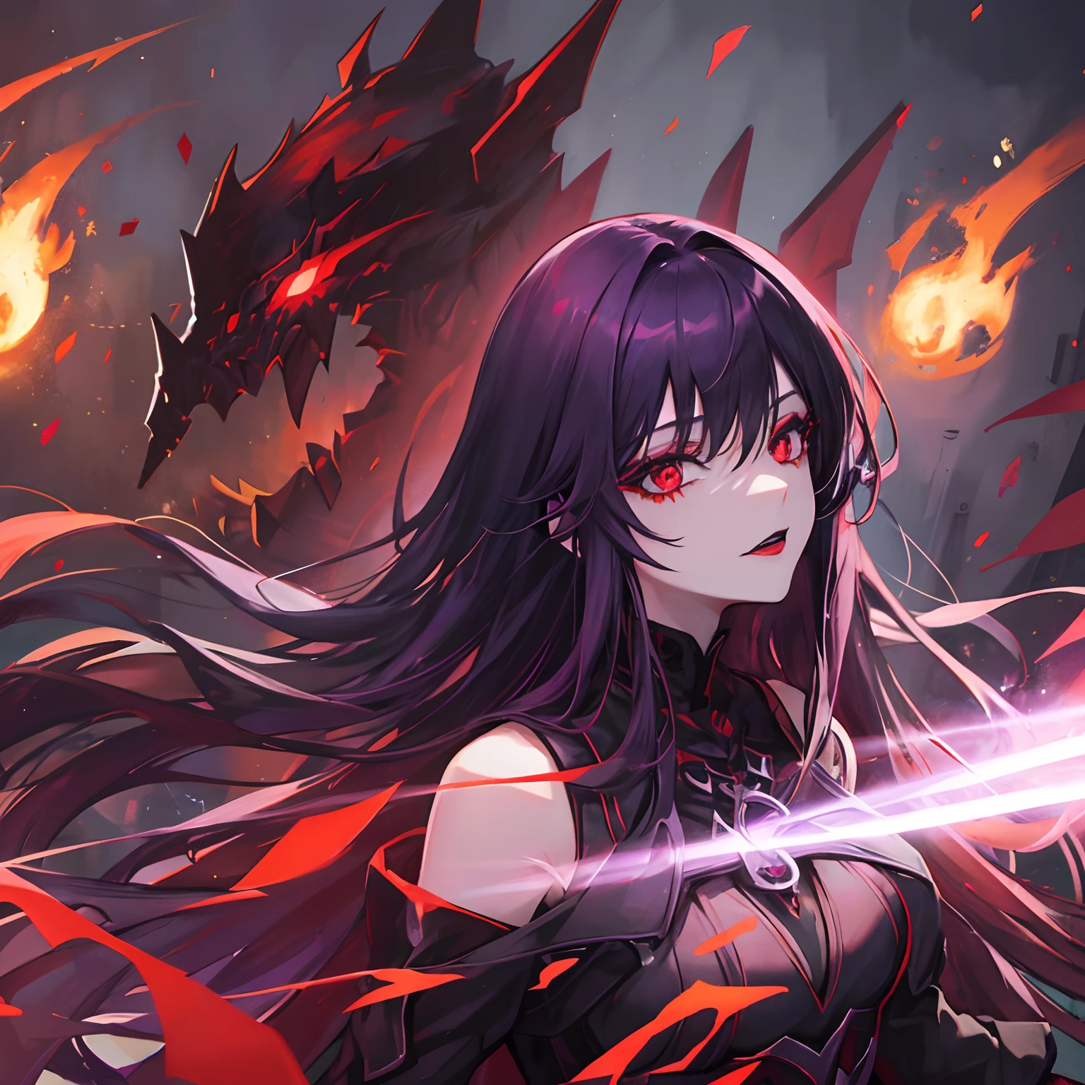 Woman, long dark purple hair, red eyes with a bright light, black long open dress, witch, silver jewelry in the shape of ribs, metal mask on half of the face, black lipstick