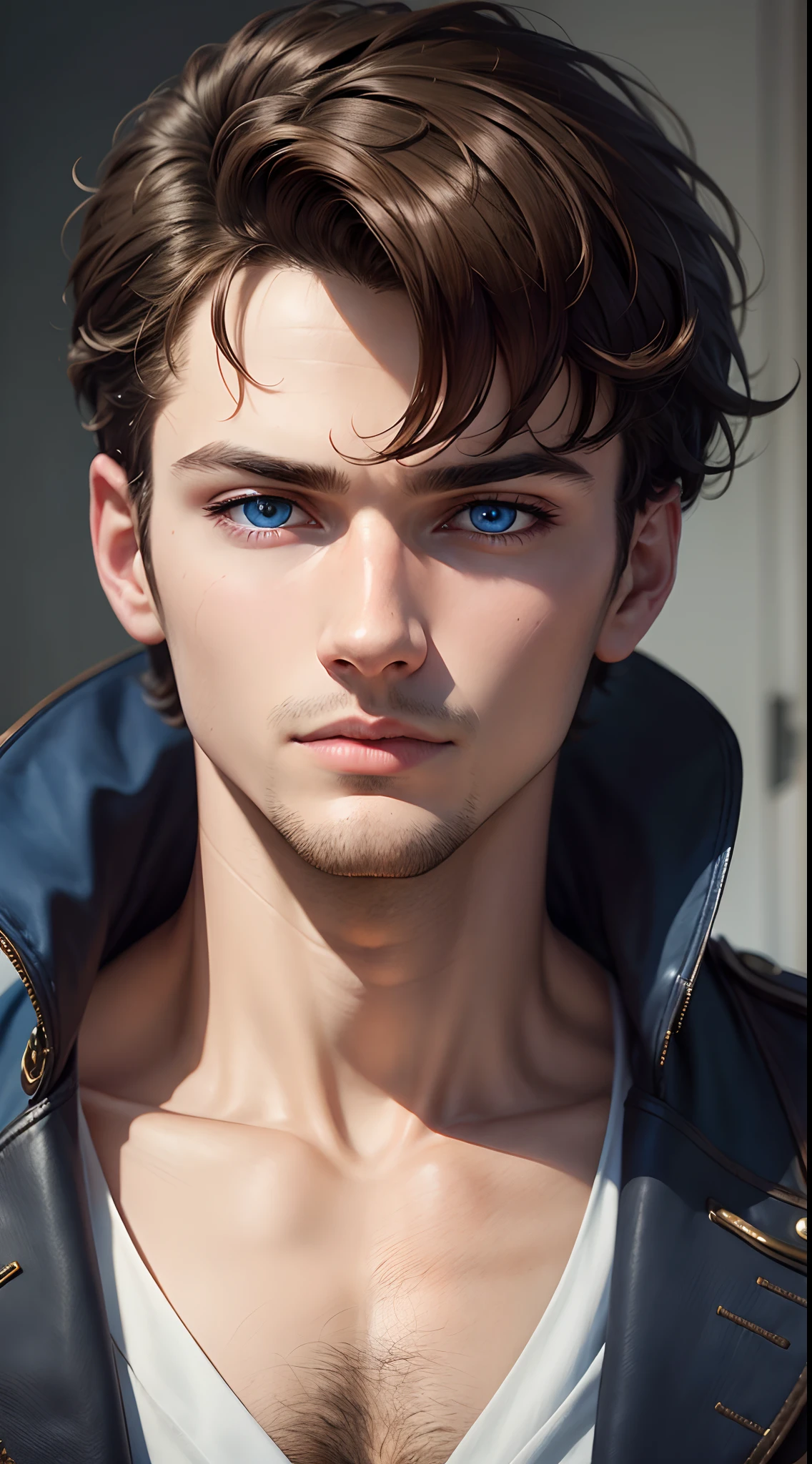 Young man, brunette hairs, short hair, close-up face, extremely detailed face,4k, masterpiece, trenchcoat, blue eyes