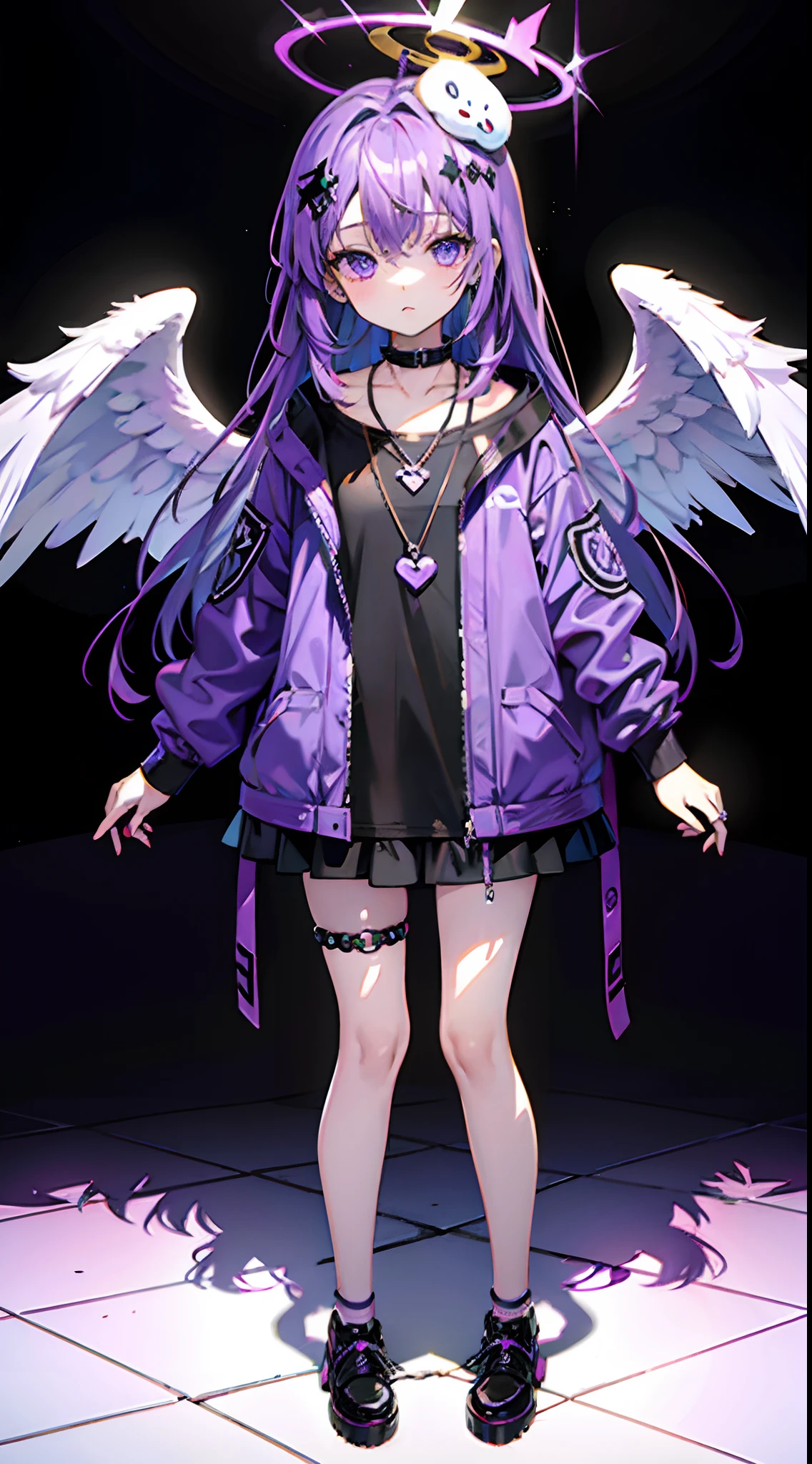 Cute girl, fallen angel, full body portrait, purple hair, pacifier necklace used by babies, purple, angel ring on head,dark circles