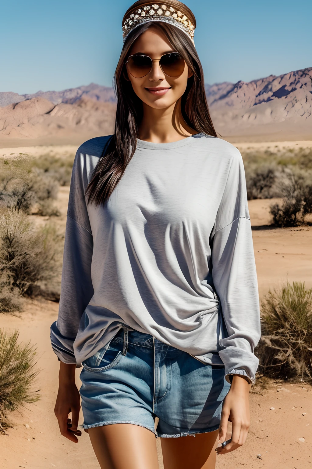 ((Best Quality)), ((Masterpiece)), ((Realistic)), ((Best Quality)), ((Masterpiece)), ((Realistic)), Girl walking in the desert, looking tired, Wearing loose-fitting clothing Long-sleeved shirts and pants, headdress, Sunglasses, very extremely beautiful, in a natural and casual style at eye level, painterly, Masterpiece, (hight resolution), Original, extremely detailed 8K , (Photorealistic:1.4),flawless face, Perfect eyes,symmetrical body shape,Smile,