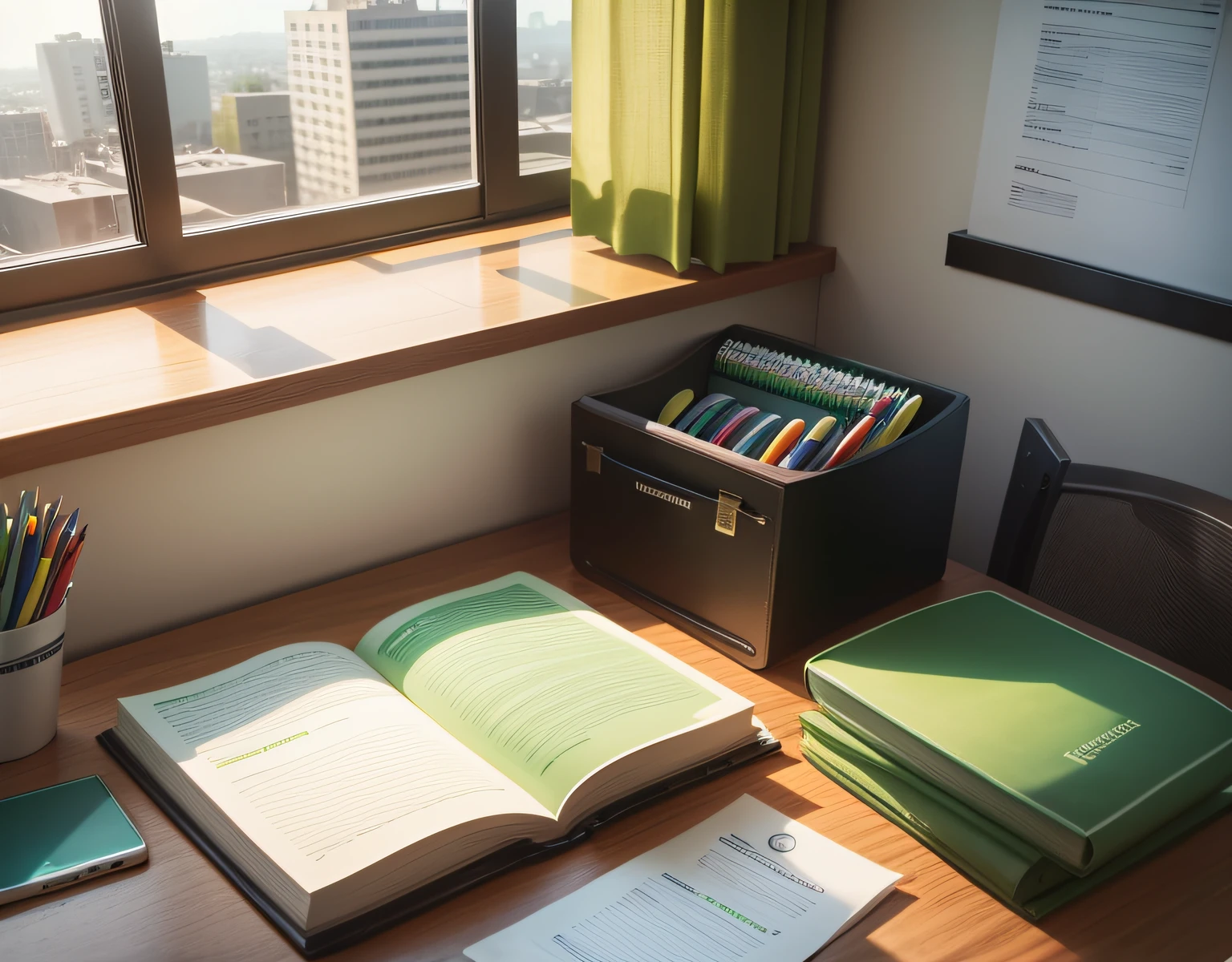 bola de futebol verde junto com calculadora, pens and office supplies on top of desk in financial office room illuminated by natural sunlight from glass window