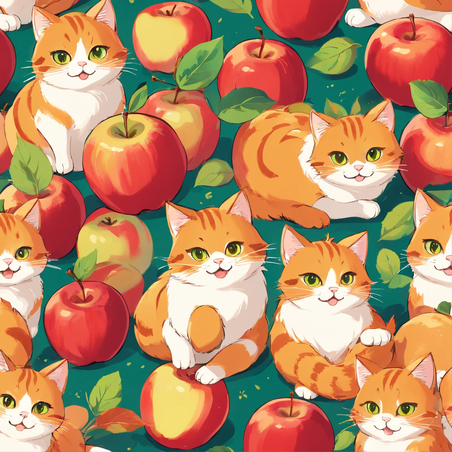 Seamless pattern cute fat orange cats and red apples

(best quality,4k,8k,highres,masterpiece:1.2),ultra-detailed, colorful, playful, vibrant, cute cats, red apples, seamless pattern, adorable expressions, fluffy fur, bright red color, juicy apples, repetitive design, whimsical, lively poses, intricate details, crisp focus, fine brushwork, eye-catching, balanced composition, dynamic lines, crisp shadows, soft lighting, joyful atmosphere, playful interactions, rich textures, meticulous rendering, professional illustration, vivid colors, beautiful patterns, enticing composition, irresistible charm, abundance of apples, variety of cat poses, seamless flow, harmonious color palette, lively characters dancing among apples, cheerful expressions, delightful combination of cats and apples, inviting pattern, storybook-like quality, delightful repetition.