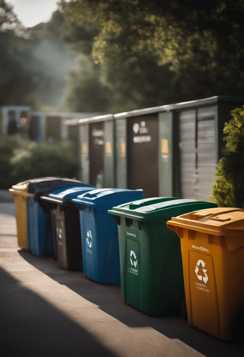 Recycling Station: Create an image of a recycling station where Waste Hero encourages recycling. Show bins for plastic, paper, and glass, and people depositing items.