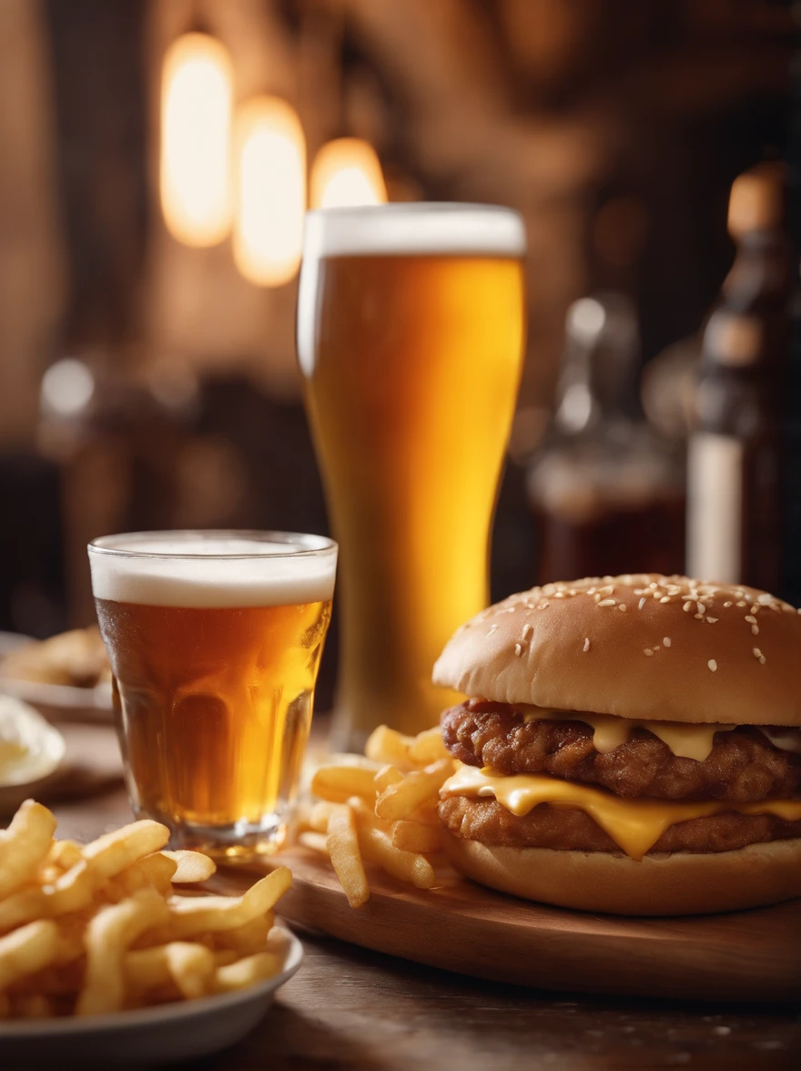 (best quality,4k,highres,realistic),medium shot,detailed beer glasses,detailed fried snacks board ,cinematic scene, low light neon  color tones ,subtle shadows, textured wood table,crispy fries,vibrant condiments,soft sesame buns,grilled onions,melted cheese,glistening beer foam,moody atmosphere
