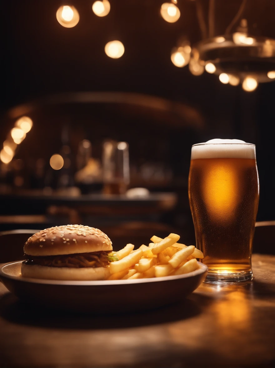 (best quality,4k,highres,realistic),medium shot,detailed beer glasses,detailed fried snacks board ,cinematic scene, low light neon  color tones ,subtle shadows, textured wood table,crispy fries,vibrant condiments,soft sesame buns,grilled onions,melted cheese,glistening beer foam,moody atmosphere