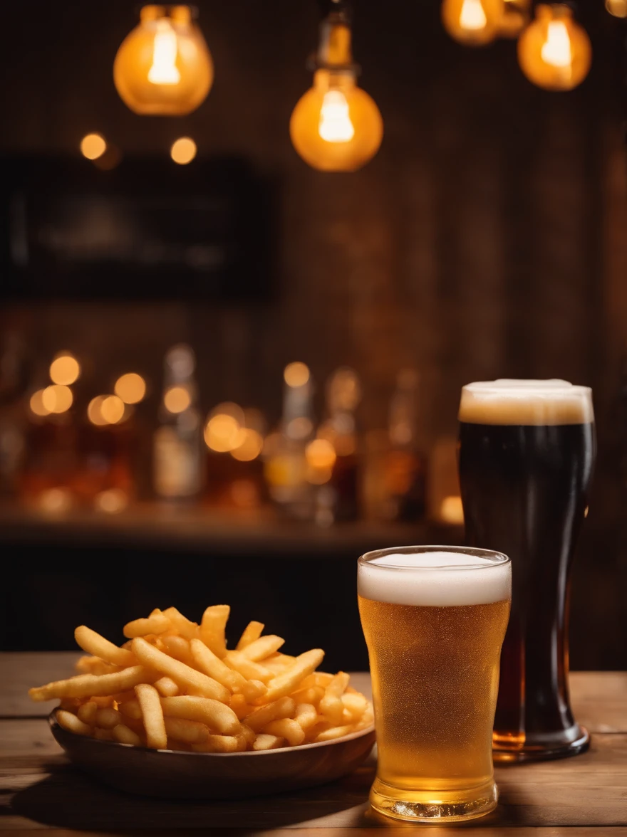 (best quality,4k,highres,realistic),medium shot,detailed beer glasses,detailed fried snacks board ,cinematic scene, low light neon  color tones ,subtle shadows, textured wood table,crispy fries,vibrant condiments,soft sesame buns,grilled onions,melted cheese,glistening beer foam,moody atmosphere