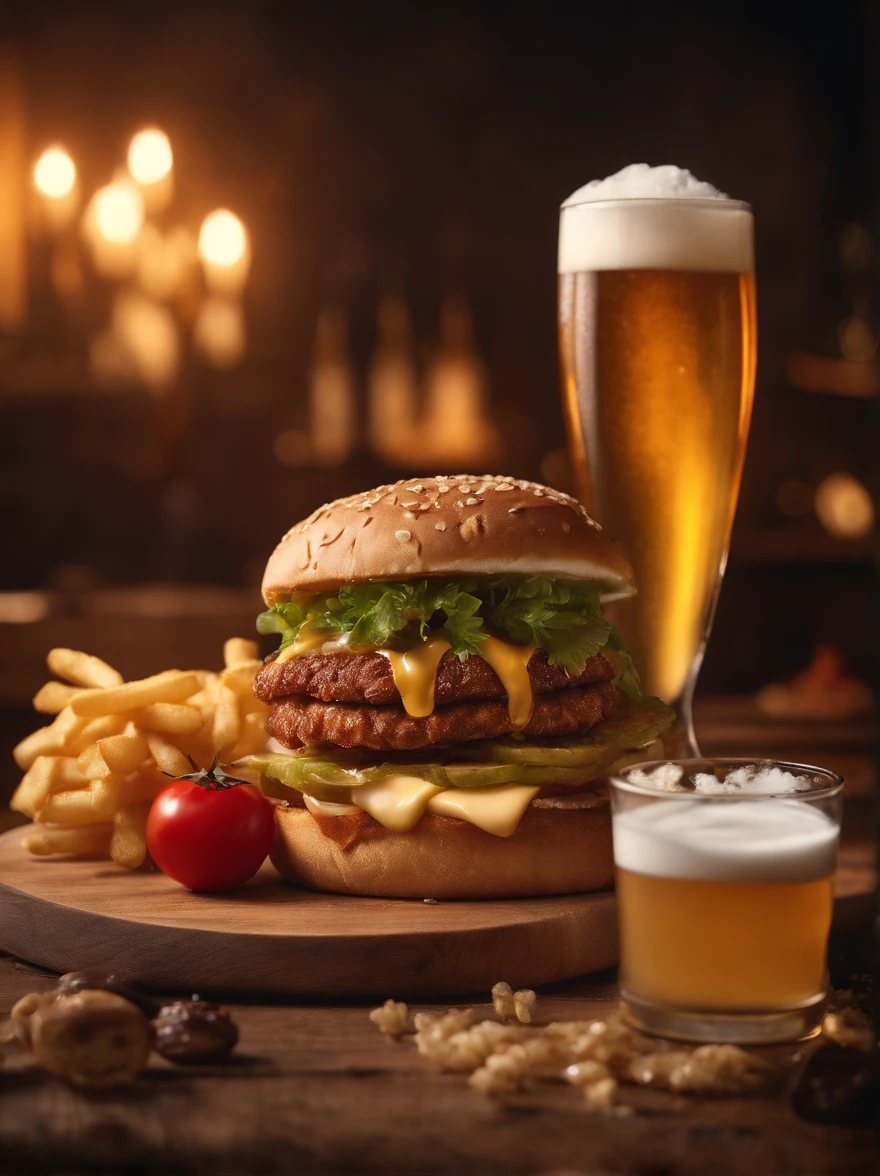 (best quality,4k,highres,realistic),medium shot,detailed beer glasses,detailed fried snacks board ,cinematic scene, low light neon color tones ,subtle shadows, textured wood table,crispy fries,vibrant condiments,soft sesame buns,grilled onions,melted cheese,glistening beer foam,moody atmosphere