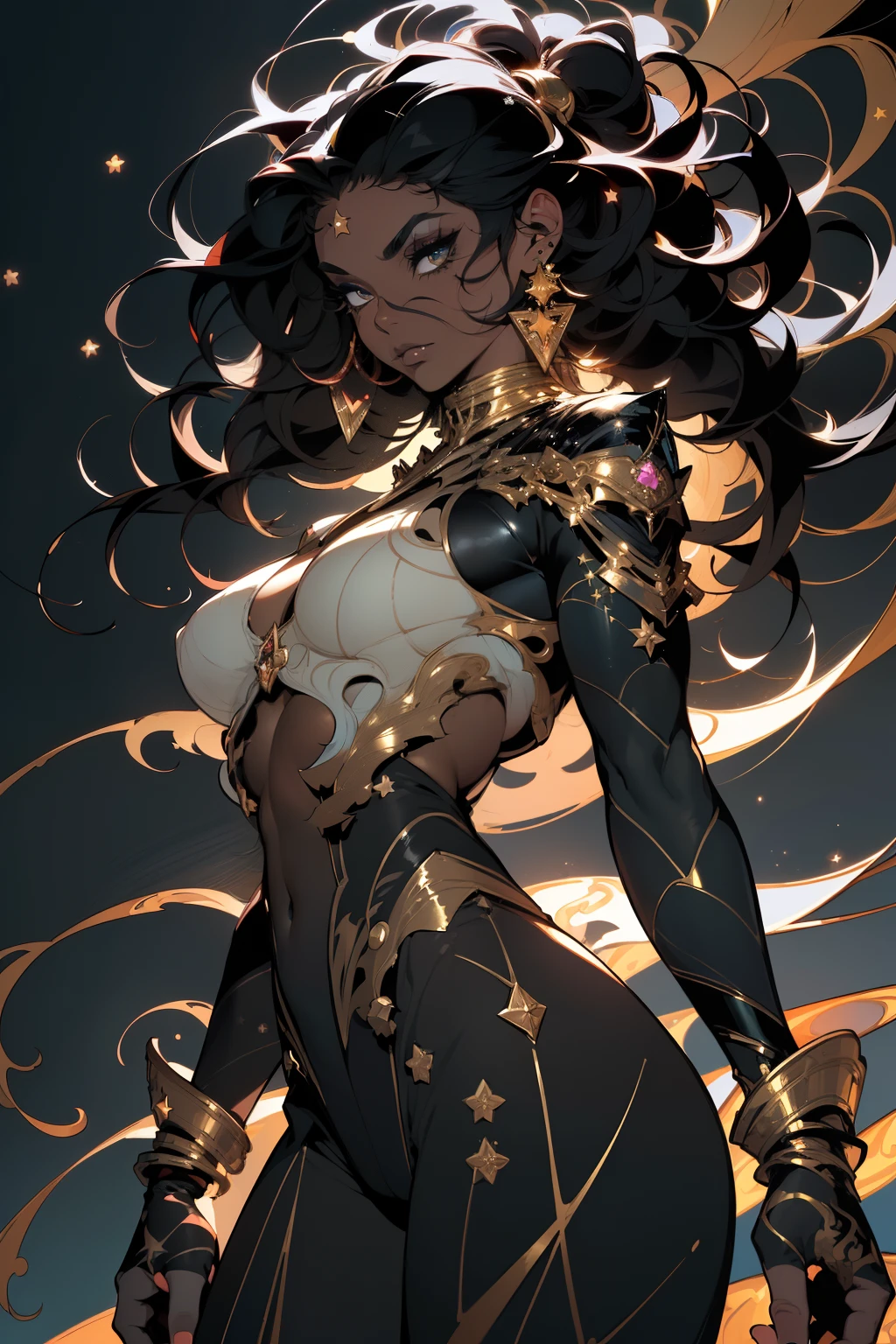 ((Best quality)), ((masterpiece)), (detailed: 1.4), (Absurd), 99whole body00, muscular woman of 35 years, black kinetic skin with (((exposed black muscles)))), hot woman, sculptural body with defined muscles, closed mouth, muscular body covered by a micro thong, whole body covered by Genesis evangelion neon style clothing, (((large breasts)), (eyes with heavy and very black makeup), ((((unkempt hair)),  (stars covering the body), ((drawings of golden stars on the arms)), very long eyelashes, heavy eye makeup, lots of jewelry, by mucha, niji --V5, close to real, psychopath, crazy face, sexy pose, 2 piece clothing, pastel, centered, scale to fit the dimensions