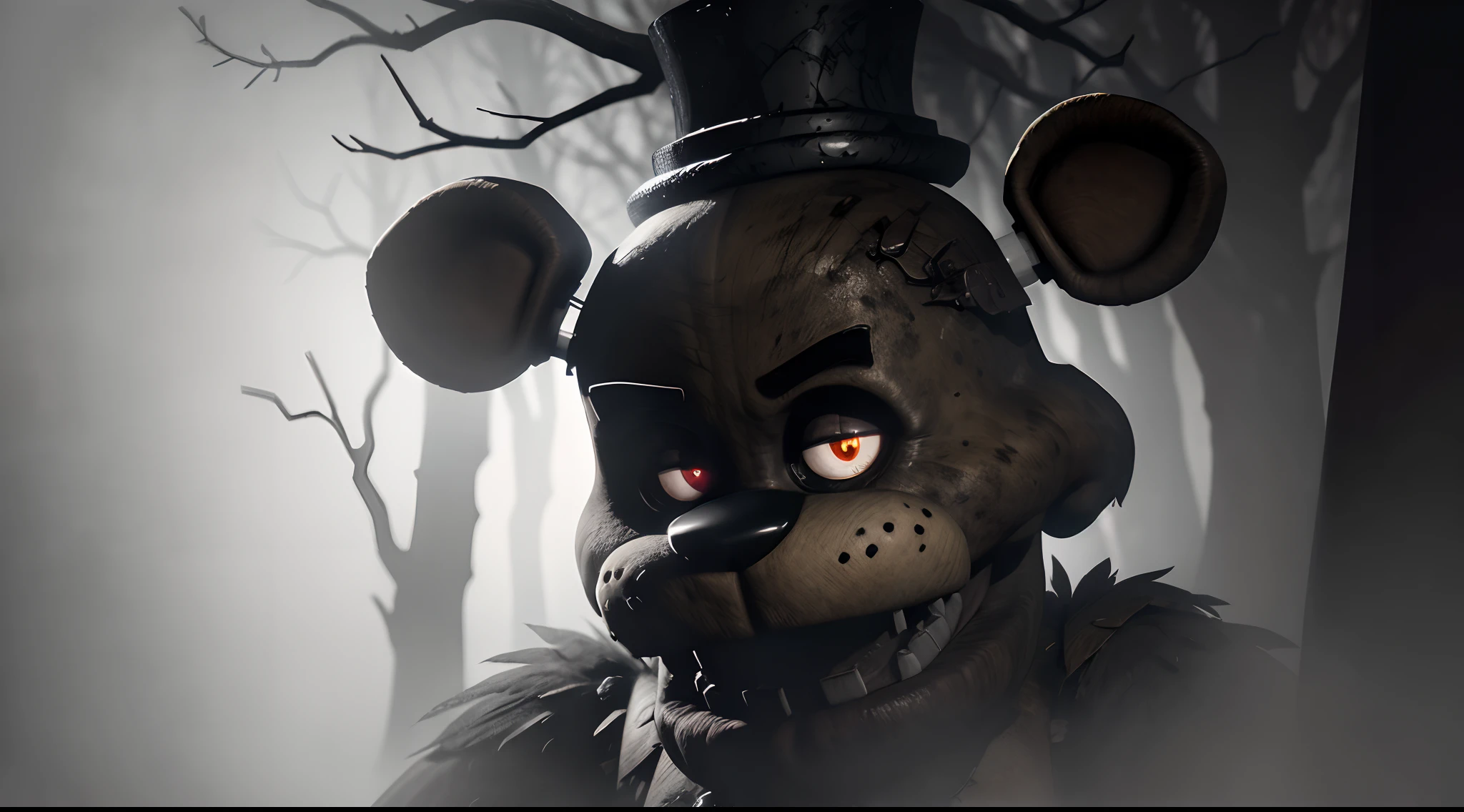 a,dark,forest,freddy fazbear,epic scene,freddy fazbear focus,up close angle,horror,haunting,ominous,spooky,menacing,foggy,misty,creepy atmosphere,mysterious shadows,majestic trees,twisted branches,glowing eyes,menacing grin,sharp teeth,creaking sound of branches,ominous whispers,gloomy lighting,dark silhouette,misty atmosphere,nightmare,pitch black,chilling,haunted,nighttime,unsettling,unforgiving,terrifying. (best quality,4k,8k,highres,masterpiece:1.2),ultra-detailed,(realistic,photorealistic,photo-realistic:1.37),HDR,UHD,studio lighting,ultra-fine painting,sharp focus,physically-based rendering,extreme detail description,professional,vivid colors,bokeh,horror,grim,foreboding,monstrous,unnerving,wilderness,nightmarish,dreadful,macabre,nightfall,spine-tingling,phantasmagoric,terrifyingly beautiful,wicked,dank,dread-filled,ghastly,dreary,oppressive,dismal,horrendous,formidable.