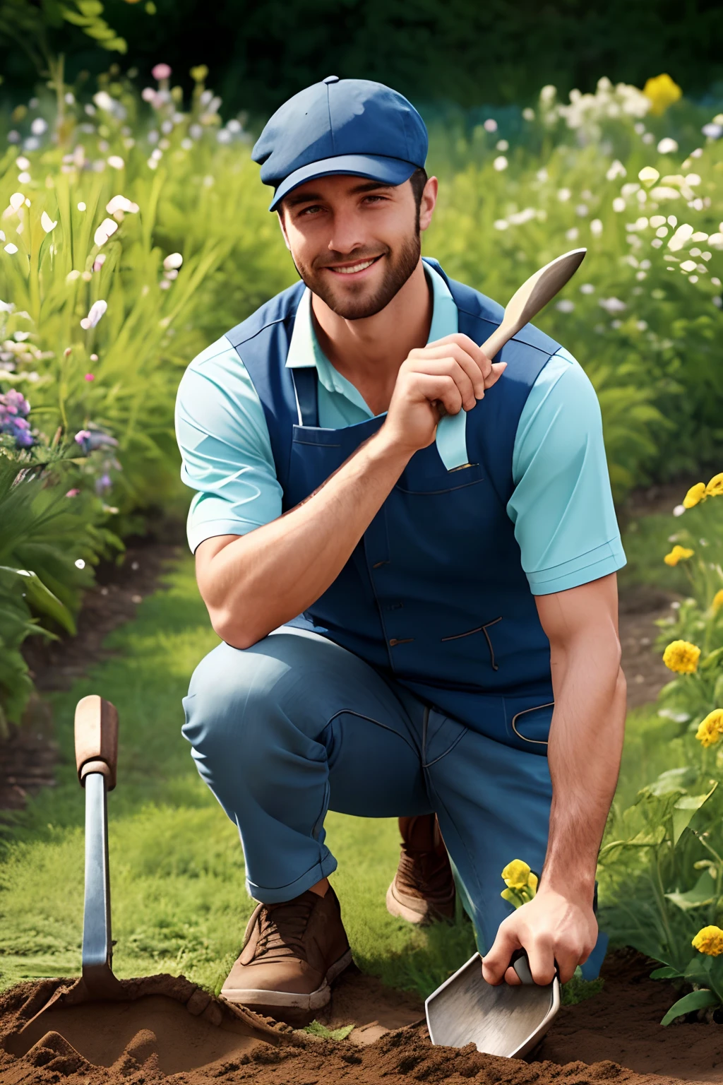 man with cap at gardener's work kneeling to plant a tree in the ground, planting seedling, state of the art care, picking up a gardening spoon, gardening, photo shows a large, using a shovel, innovative photo, plant sap. enlarge this image with more realism, with great definition. Preserve realism. Generate a highly responsive image, with as much realism as possible. Stunning, positive image. Happy man. Wearing a cap.