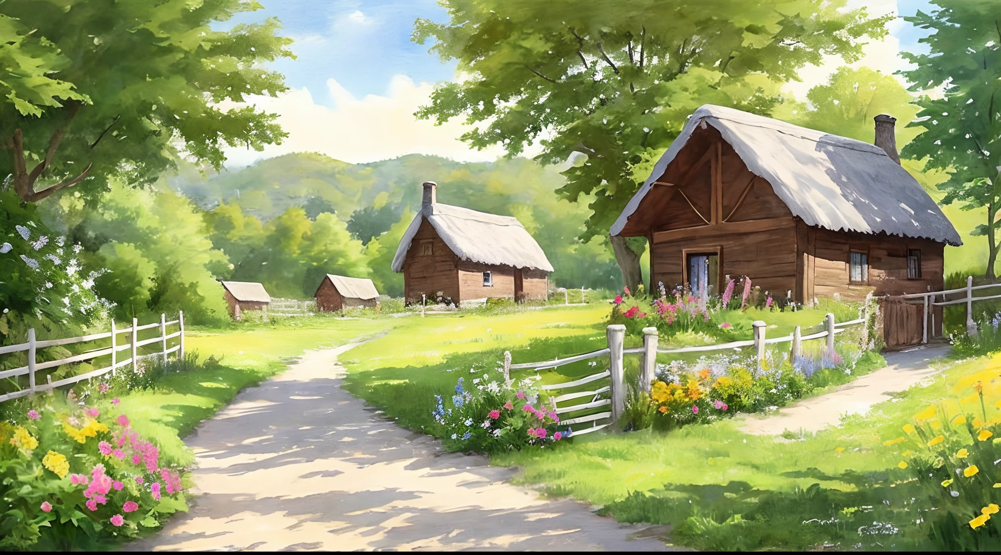 Beautifully drawn, high quality, ultra-detailed CG illustration of a cottage with a serene expression. Fence and  flowers along the road side, sunshine and cloud, The scenery  is vast and breathtaking, drawing the viewers into a world of wonder and exploration.