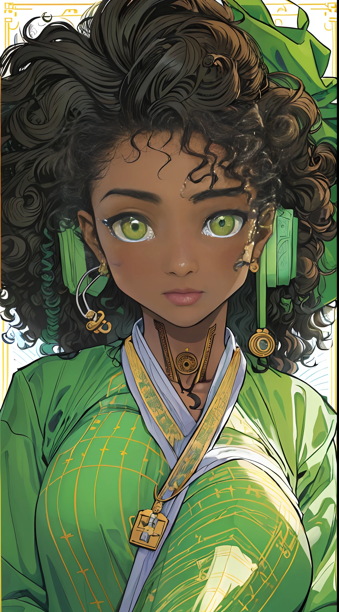 ((Masterpiece, hiquality, absurdress) 1Woman, black hair, curly hair, Afro-curly hair, Green eyes, a perfect face, the perfect body, big breastes, short stature, very dark skin, Hindu woman, 独奏, ((Best Quality)), ((Masterpiece)), (Detailed:1.4), Detailed eyes and face, white robe, Medical Uniform, Doctor's costume, medical doctor, hospital, night shift, Emergency Physician
