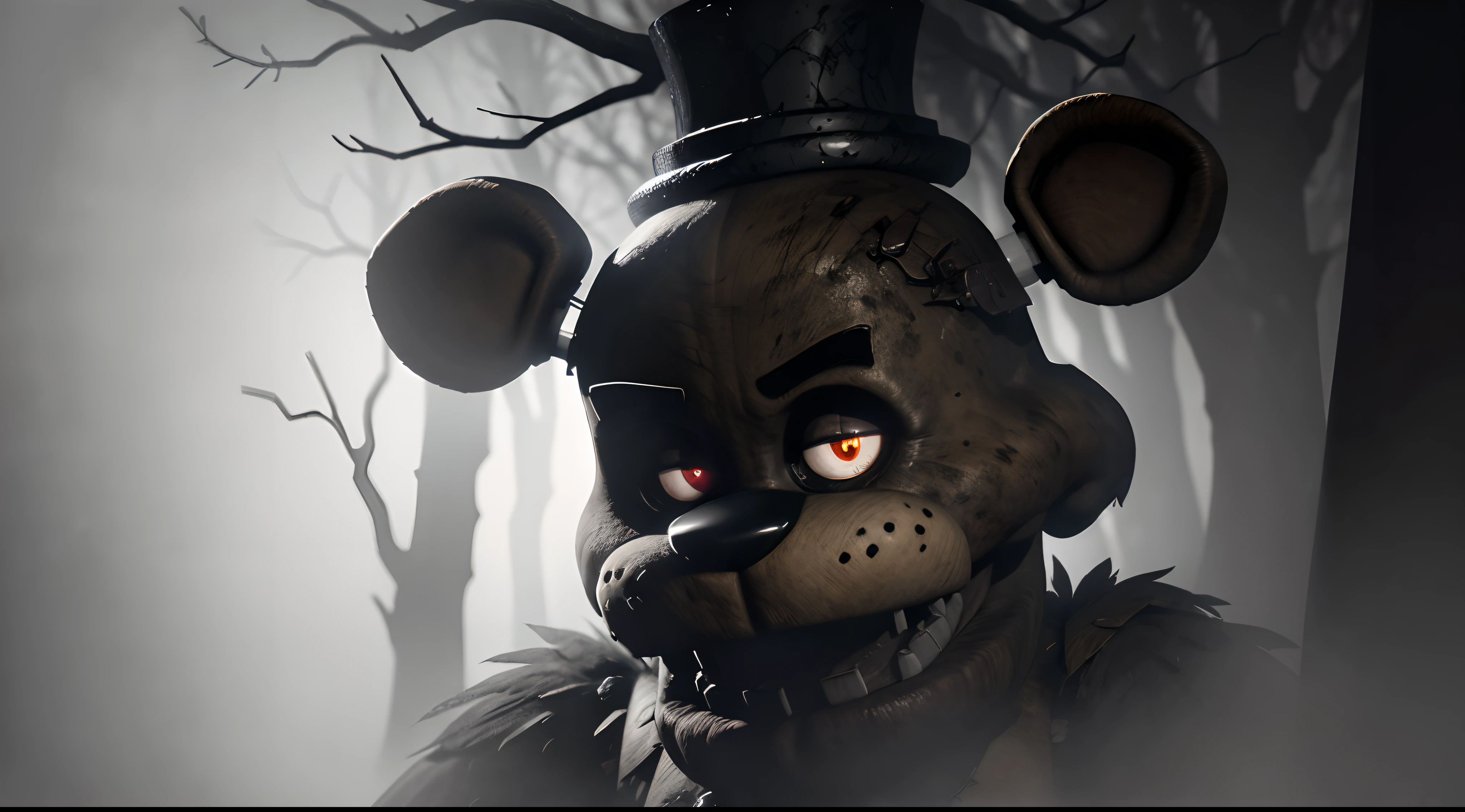 a,dark,forest,freddy fazbear,epic scene,freddy fazbear focus,up close angle,horror,haunting,ominous,spooky,menacing,foggy,misty,creepy atmosphere,mysterious shadows,majestic trees,twisted branches,glowing eyes,menacing grin,sharp teeth,creaking sound of branches,ominous whispers,gloomy lighting,dark silhouette,misty atmosphere,nightmare,pitch black,chilling,haunted,nighttime,unsettling,unforgiving,terrifying. (best quality,4k,8k,highres,masterpiece:1.2),ultra-detailed,(realistic,photorealistic,photo-realistic:1.37),HDR,UHD,studio lighting,ultra-fine painting,sharp focus,physically-based rendering,extreme detail description,professional,vivid colors,bokeh,horror,grim,foreboding,monstrous,unnerving,wilderness,nightmarish,dreadful,macabre,nightfall,spine-tingling,phantasmagoric,terrifyingly beautiful,wicked,dank,dread-filled,ghastly,dreary,oppressive,dismal,horrendous,formidable.