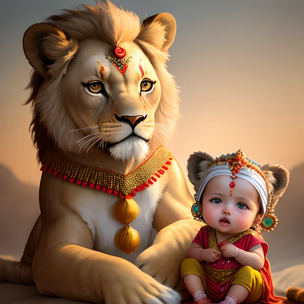 Make durga maa as a baby with a baby lion