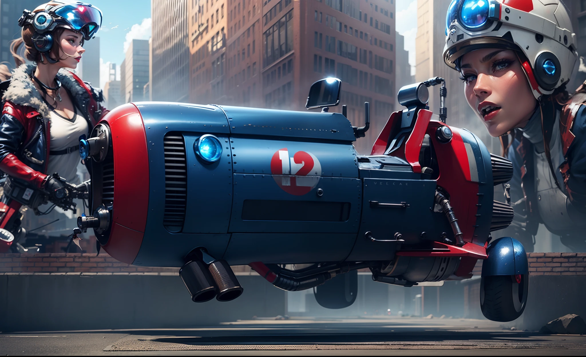 A metallic blue hover bike with red accents is standing floating in the foreground, Behind a brick wall is a beautiful female pilot with all her flying apparatus and on the other side a beautiful female hover bike rider with a helmet and flying glasses and red lipstick, in the background the buildings of a futuristic city of Tokyo;