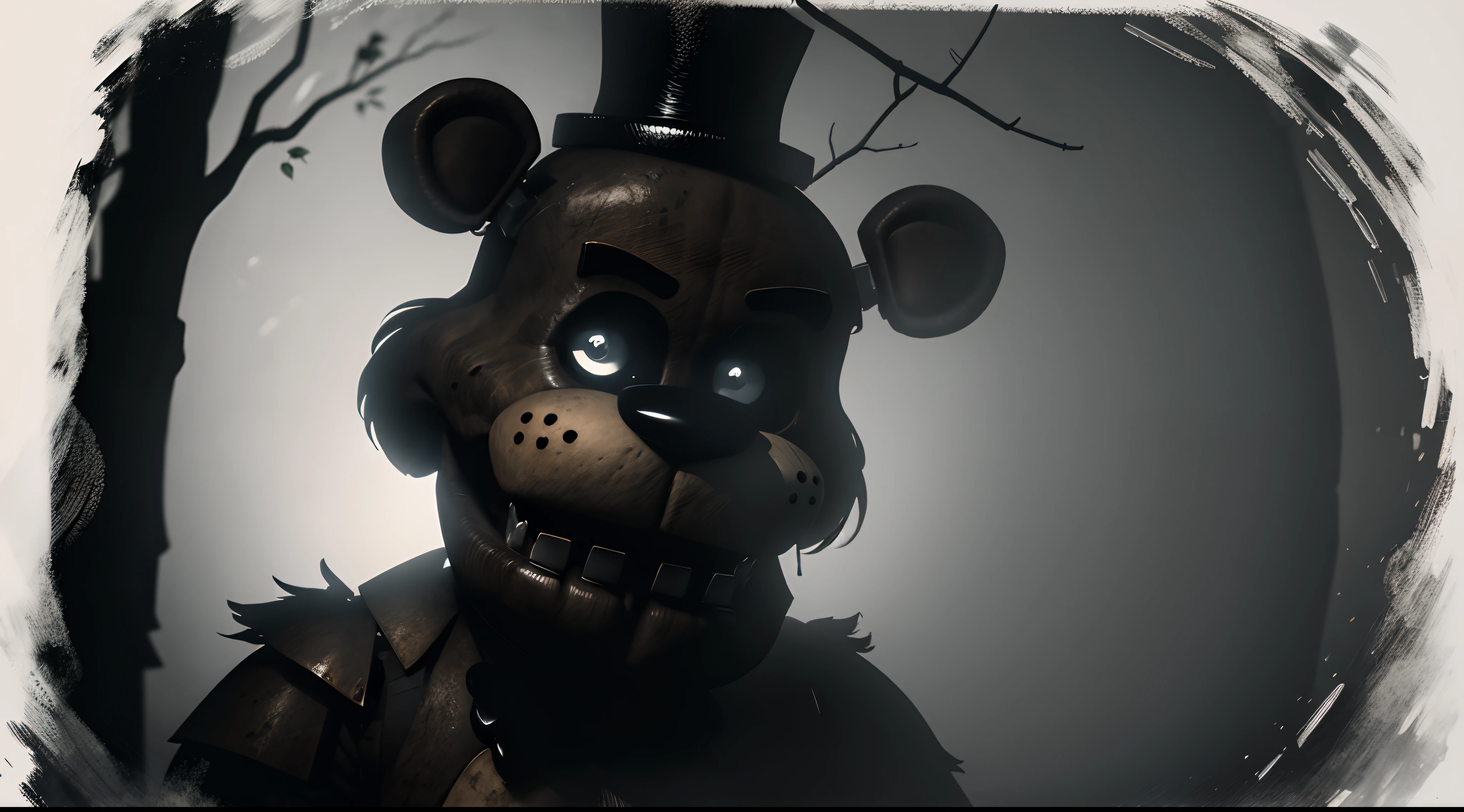 a,dark,forest,freddy fazbear,epic scene,freddy fazbear focus,up close angle,horror,haunting,ominous,spooky,menacing,foggy,misty,creepy atmosphere,mysterious shadows,majestic trees,twisted branches,glowing eyes,menacing grin,sharp teeth,creaking sound of branches,ominous whispers,gloomy lighting,dark silhouette,misty atmosphere,nightmare,pitch black,chilling,haunted,nighttime,unsettling,unforgiving,terrifying. (best quality,4k,8k,highres,masterpiece:1.2),ultra-detailed,(realistic,photorealistic,photo-realistic:1.37),HDR,UHD,studio lighting,ultra-fine painting,sharp focus,physically-based rendering,extreme detail description,professional,vivid colors,bokeh,horror,grim,foreboding,monstrous,unnerving,wilderness,nightmarish,dreadful,macabre,nightfall,spine-tingling,phantasmagoric,terrifyingly beautiful,wicked,dank,dread-filled,ghastly,dreary,oppressive,dismal,horrendous,formidable.