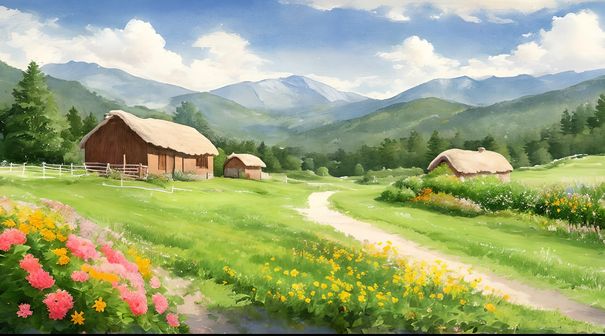 Beautifully drawn, high quality, ultra-detailed CG illustration of a cottage with a serene expression. Fence and flowers along the road side, sunshine and cloud, The scenery is vast and breathtaking, drawing the viewers into a world of wonder and exploration.