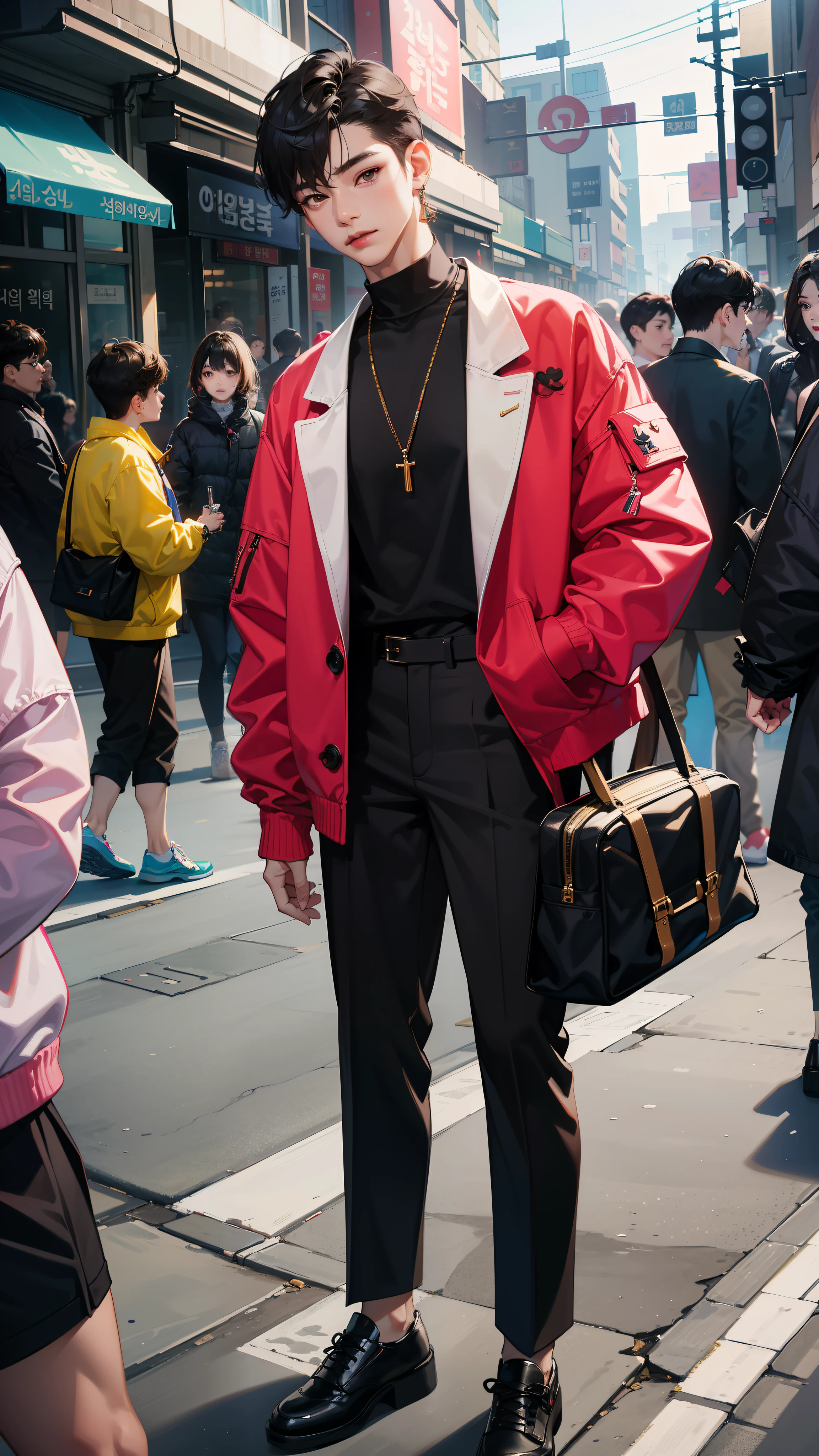 A pretty Korean twink male idol with modern clothes in a vibrant, urban setting. (best quality, highres), detailed facial features, flawless skin, captivating eyes, stylish trendy outfit, fashionable accessories, studio lighting, sharp focus. black hair, brown eyes, seoul street fashion, harajuku fashion