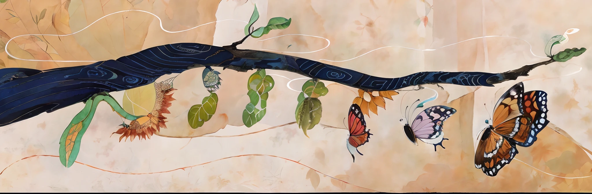 There are many butterflies of different colors hanging from a branch, stylized digital illustration, chrysalis, borboletas e vermes, concept illustartion, digital illustation, color digital illustration, transformation scene, detailed digital illustration, rendered illustration, in illustration style digital, full-colour illustration, illustration detailed, digital illustration -, arte de fundo, full-colour illustration, Brittney Lee, metamorfose
