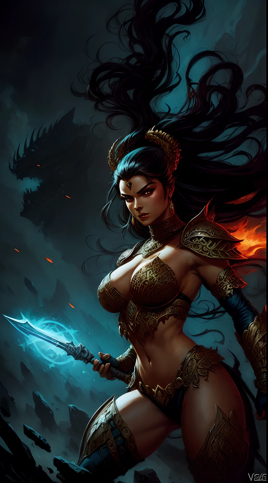 An illustration resembling Frank Frazetta's work, depicting a fierce armored female, bold and intense colors, determined expression, dramatic lighting, epic atmosphere --v 5 --stylize 1000