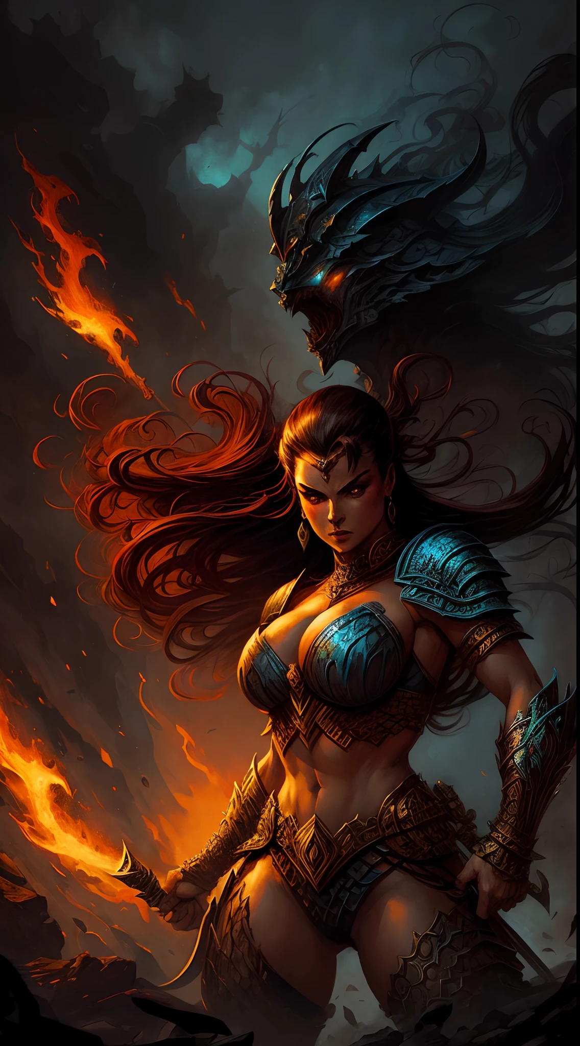 An illustration resembling Frank Frazetta's work, depicting a fierce armored female, bold and intense colors, determined expression, dramatic lighting, epic atmosphere --v 5 --stylize 1000