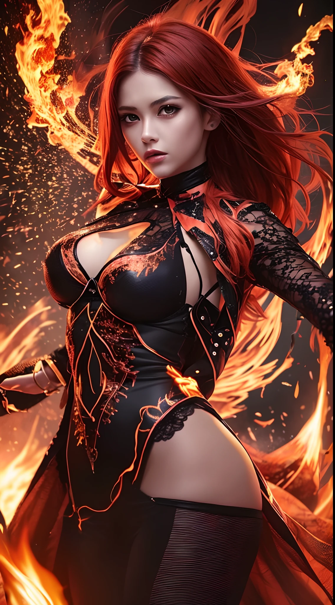 Girl playing with fire, ablaze with intensity, Glowing embers, Swirling smoke, Mesmerizing action, Flowing red hair, sparks flying, Fearless expression, Dark background, Intense lighting, Fiery atmosphere, dynamicposes, Dangerous beauty, Fascinating energy, Burning passion, Thrilling suspense, intense heat, Scorching flame, dramatic contrast, Smoky veil, fiery glow, Enchanting dance, Strong presence, Flashing shadows, Fiery artwork, Vibrant colors, blazing infero, Hypnotic flame, daring adventure, Her eyes shone with a blazing light, Heat waves, Glowing embers fall, Exhilarating performance, Blazing sparks in the night, adrenaline rush, Radiant warmth, Breathtaking spectacle, Raw intensity, Fiery passion is unleashed.
