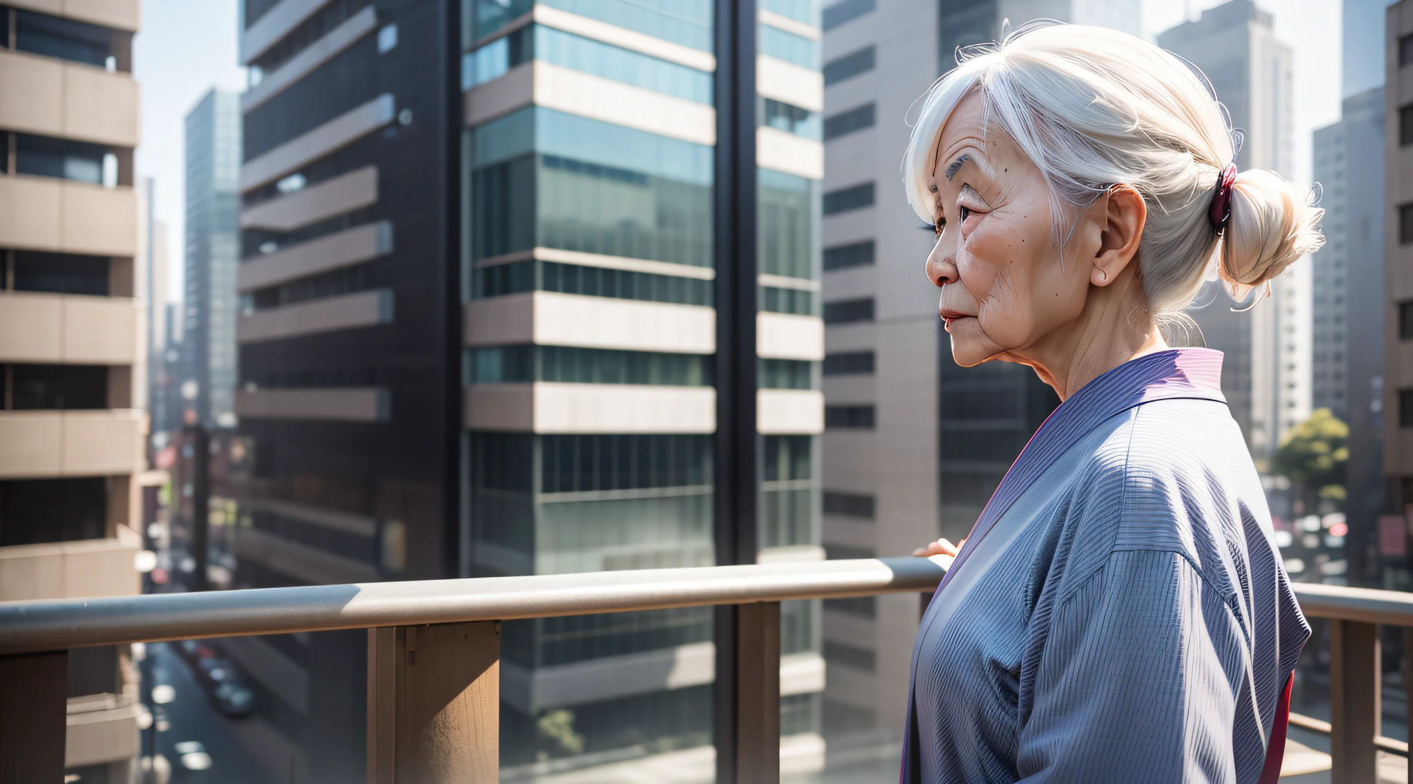 An elderly Japanese woman, 88 years old, profile, looking straight ahead, modern scene, modern clothes, city with 4-story buildings in the blurred background, photographic quality, hyperrealistic photo, 8k