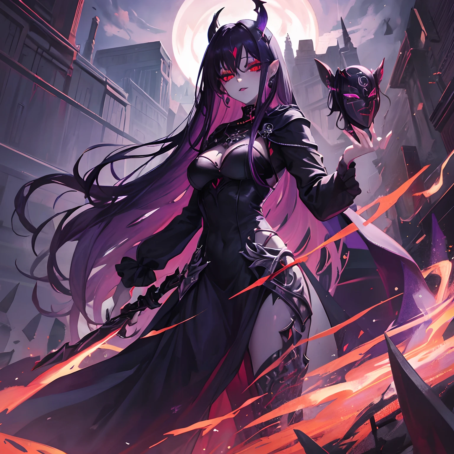 Woman, long dark purple hair, red eyes with a bright light, black long open dress, witch, silver jewelry in the shape of ribs, metal mask on half of the face, black lipstick