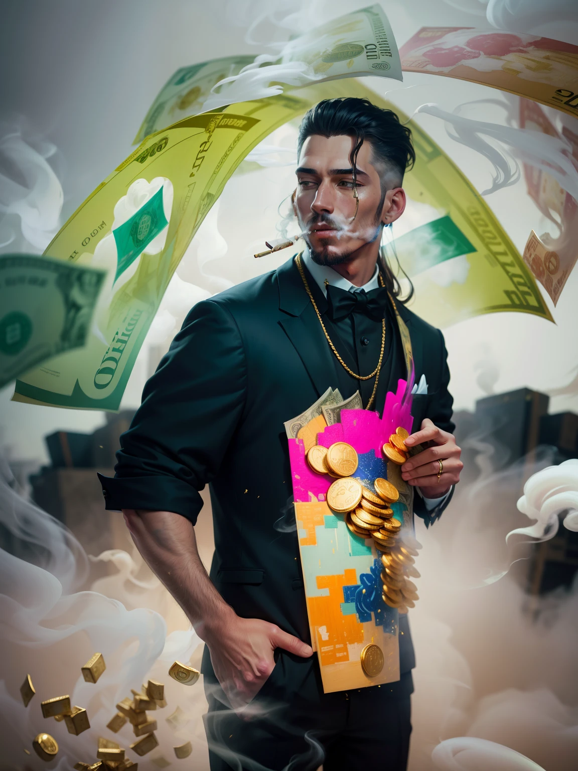 A detailed painting of a person in a suit, surrounded by a flurry of dollar bills and gold bar, gold coins, white smoke flying in front (((a lot of smokes)))