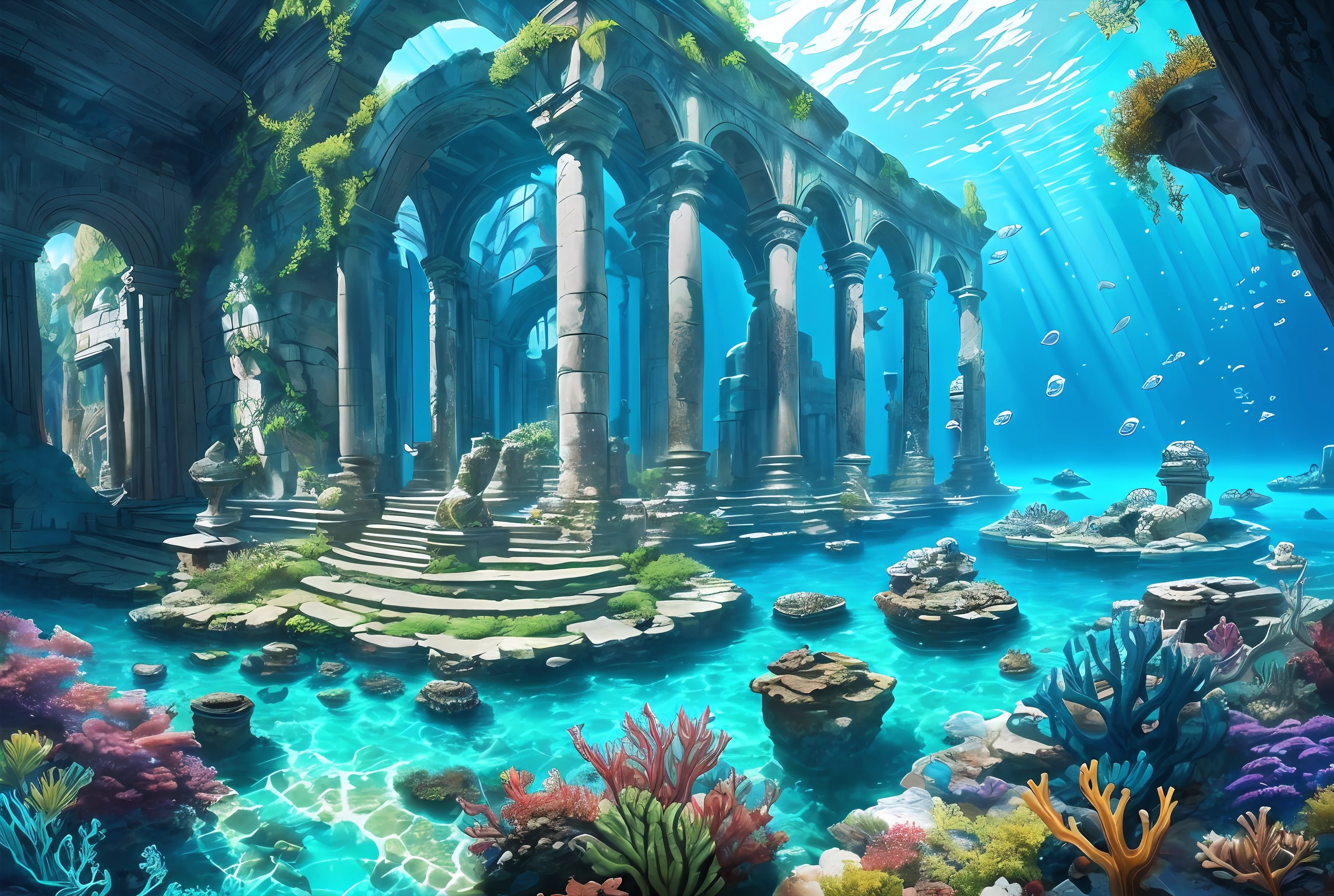 Underwater world Atlantis, deep sea, epic reality, (hdr: 1.4), dappled sunlight, cool colors, ancient ruins, ocean-type houses full of design sense, fantastic and incredible, epic composition, (complex Detail), (Complicated Detail, Ultra Detail: 1.2), Art Station, (Masterpiece, Best Quality) --v 6