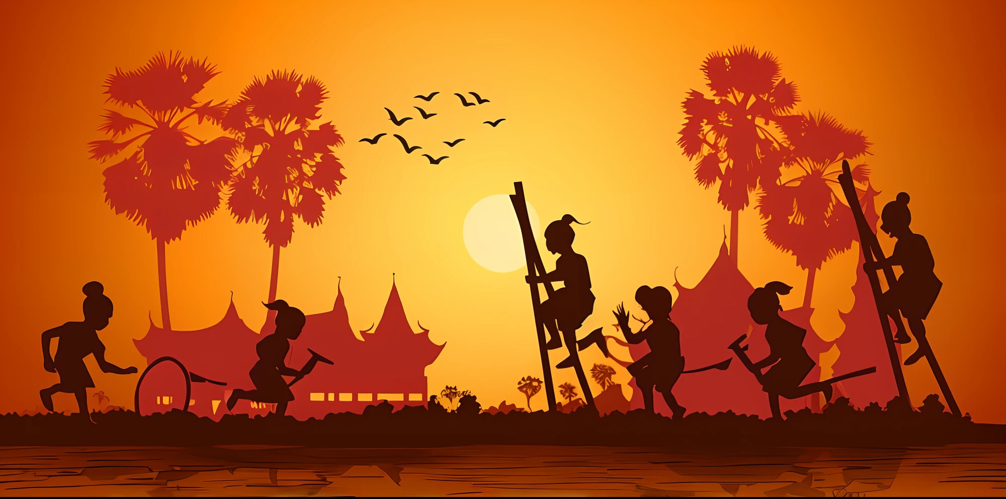 silhouette of children playing at sunset, thailand village, summer festival in background, sunset illustration, an illustration, temple background, a beautiful artwork illustration, background depicting a temple, night setting, sun setting, hd illustration, simple illustration, illustration”, in the evening, artistic illustration, shadows. asian landscape, 4 k hd wallpaper illustration, beautiful sunny day