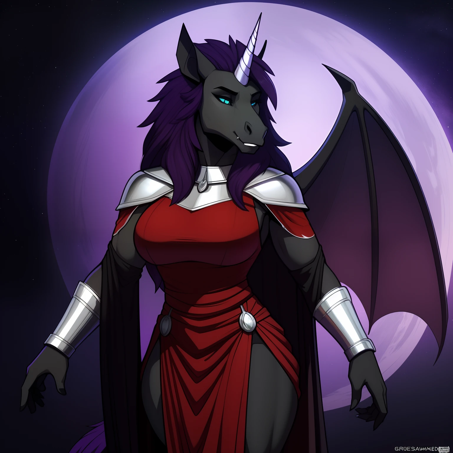 Tall_lanky_muscular_unicorn_with_black_horn full_breasts female dark_purple_mane black_furry_body teal_eyes slit_pupils solo Masterpiece best_quality absurdres highly_detailed medieval_gown silver_gorget silver_circlet silver_bracers cleanly_drawn_eyes fangs bat_wings purple_eyeshadow starry_mane horse_snout anthro_only by_claweddrip, by_greasymojo, by_underscore-b, by_runawaystride