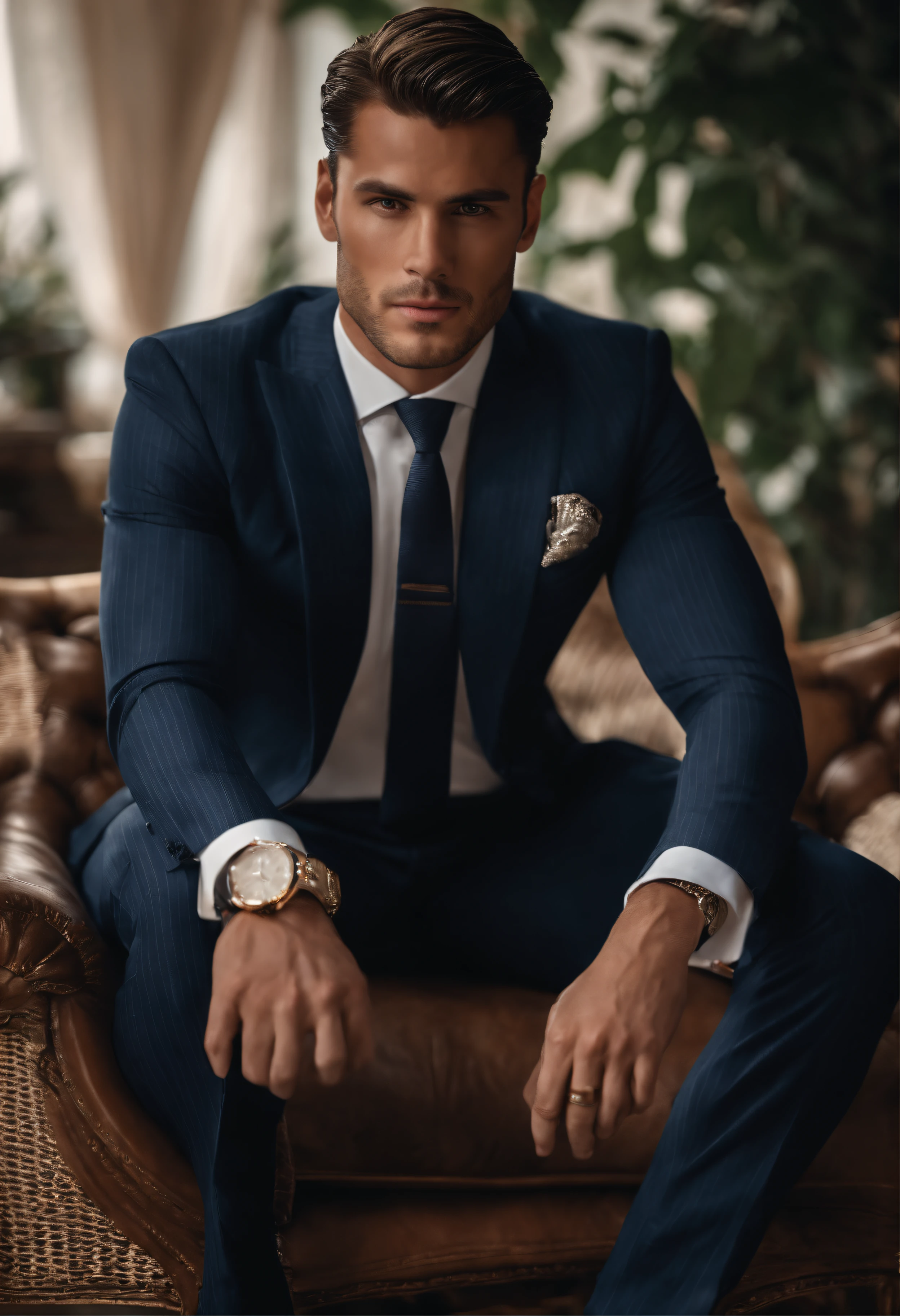 A young man,Handsome,well-muscled,Hairy body,white sock,Ultra-thin tights(Detailed eyes:1.3),Naked topless,Nudity Everywhere,dark eyes,massive bulge,Black hairs protruding from the bulge, full body Esbian,Character sitting on a chair with arms raised, black hair (short classy hair,), Nice Pose, Handsome man, Pretty Face, royal elegant pose, businessman, (In a striped blazer), (The surrounding environment is a luxurious and classic living room) (Sandtone imagery) ultra realistic, royalty prince looking, old money aesthetic, Italian looking, classy suit, Rolex, classic car in the background, royalty looking, wearing Ralph Lauren suit, Michele Morrone face lookalike, Italian luxury country mansion in the background, Italian man,