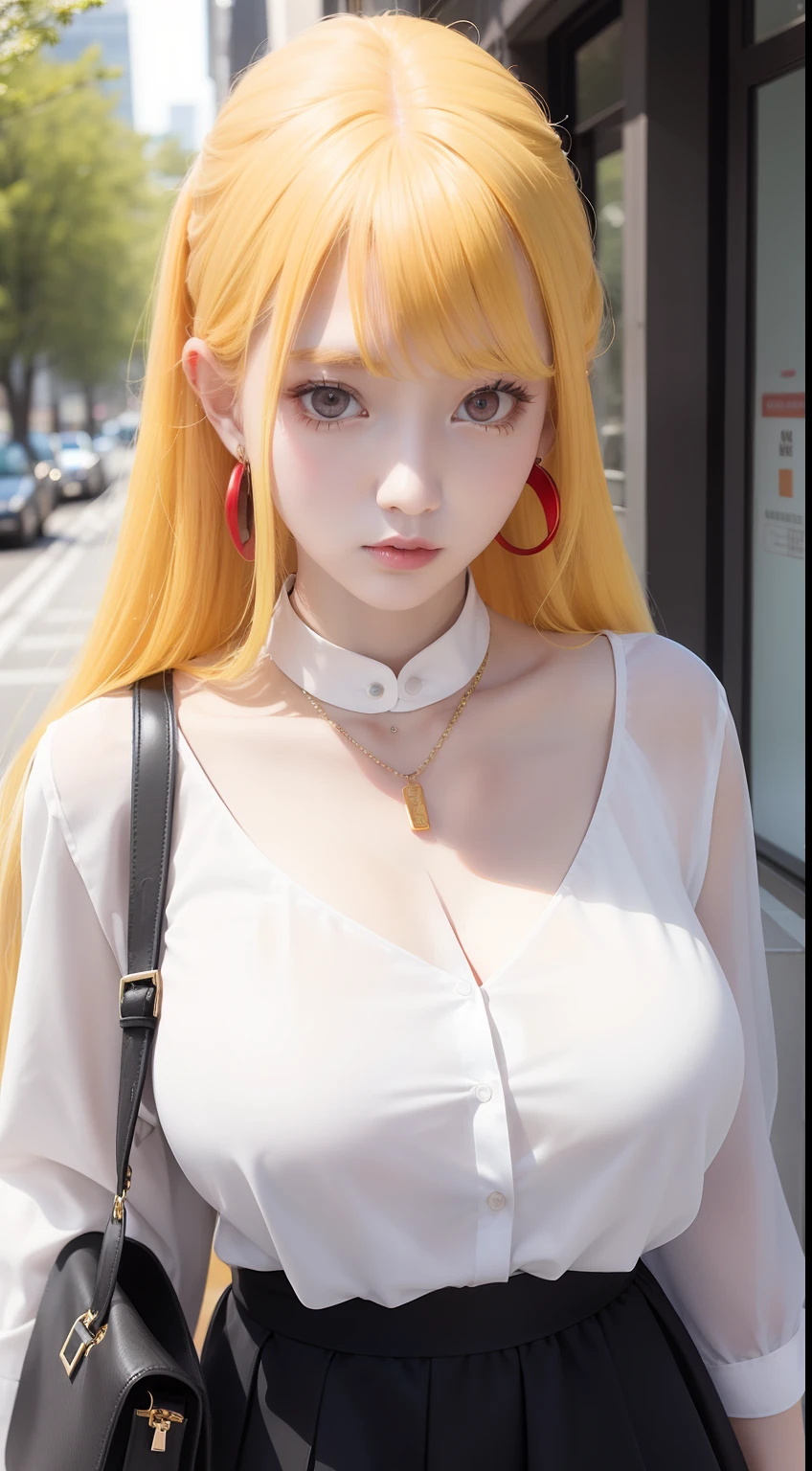A girl yellow hair and red eyes,red clip hair,long hair,huge breast,earring,black necklace,white shirt,black mini skirt,standing,walking,campus,handbag,red eyes