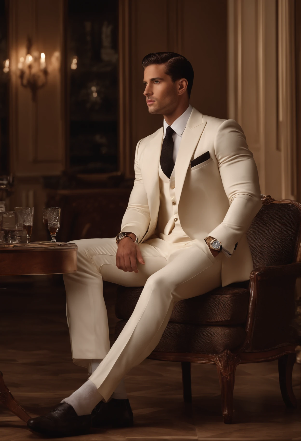 A young man,Handsome,well-muscled,Hairy body,white sock,Ultra-thin tights(Detailed eyes:1.3),Naked topless,Nudity Everywhere,dark eyes,massive bulge,Black hairs protruding from the bulge, full body Esbian,Character sitting on a chair with arms raised, black hair (short classy hair,), Nice Pose, Handsome man, Pretty Face, royal elegant pose, businessman, (In a striped blazer), (The surrounding environment is a luxurious and classic living room) (Sandtone imagery) ultra realistic, royalty prince looking, old money aesthetic, Italian looking, classy suit, Rolex, classic car in the background, royalty looking, wearing Ralph Lauren suit, Michele Morrone face lookalike, Italian luxury country mansion in the background, Italian man,
