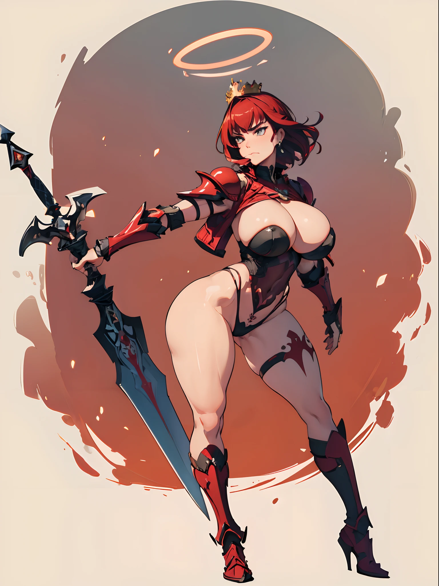 (masterpiece, best quality), adult women with sexy battle armor style, majestic halo style crown at head, (holding 1 big broadsword), muscular thicc body, closed mouth, medium cut hair, crimson hair color, bangs, HD delicated face, gigantic body figure, tall woman, large gigantic breasts, big ass, angry facial, big black areola, (invisible nipple and genital line), love shape tattoo pubic, batteling scene background, full body view