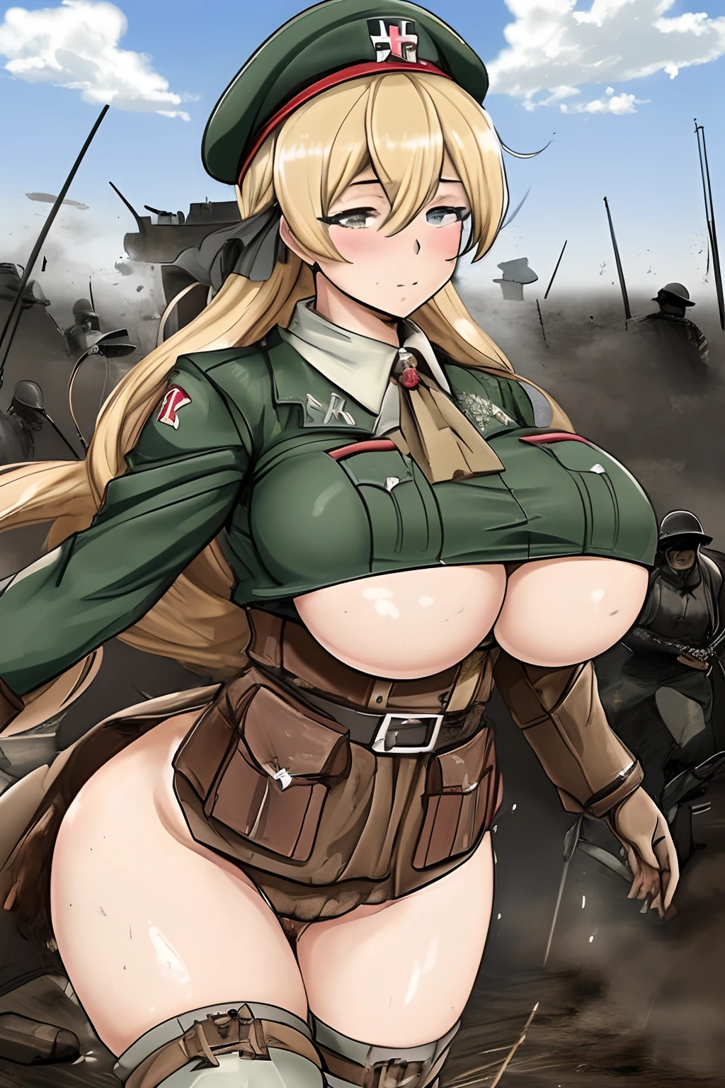 (masterpice), hot anime waifu with big boobs in a German ww2 cloting an a battlefield