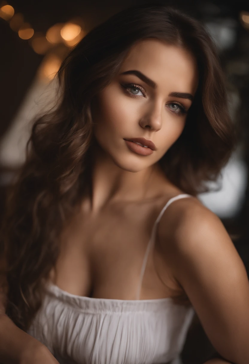 Arafed woman with a white tank top and necklace, fille sexy aux yeux bleus, Portrait Sophie Mudd, cheveux bruns, chatins et grands yeux, Selfie d'une jeune femme, Yeux de chambre, Violet Myers, sans maquillage, maquillage naturel, looking straight at camera, Visage avec Artgram, Maquillage subtil, Superbe photo du corps entier, Piercing blue eyes, Bel angle, pose attrayante, fille mignonne, sexy pose, Image du corps entier, corps entier, Prise de vue du corps entier, brunette goddess, High detail, pose satisfaite, Pose straight in front of the camera, Pantalon en cuir