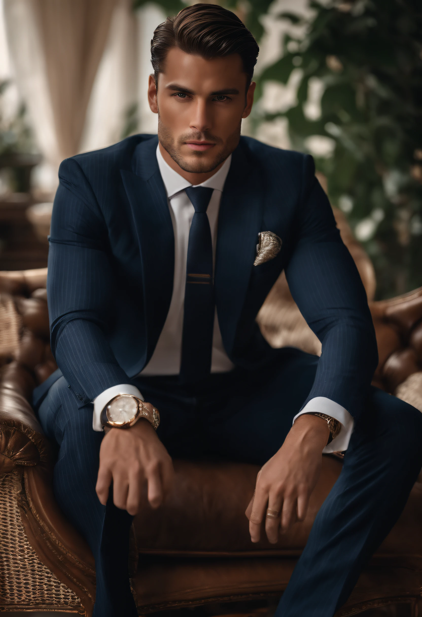 A young man，Handsome，well-muscled，Hairy body，white sock，Ultra-thin tights（Detailed eyes：1.3），Naked topless，Nudity Everywhere，dark eyes，massive bulge，Black hairs protruding from the bulge, full body Esbian，Character sitting on a chair with arms raised, black hair (short classy hair,), Nice Pose, Handsome man, Pretty Face, royal elegant pose, businessman, (In a striped blazer), (The surrounding environment is a luxurious and classic living room) (Sandtone imagery) ultra realistic, royalty prince looking, old money aesthetic, Italian looking, classy suit, Rolex, classic car in the background, royalty looking, wearing Ralph Lauren suit, Michele Morrone face lookalike, Italian luxury country mansion in the background, Italian man,
