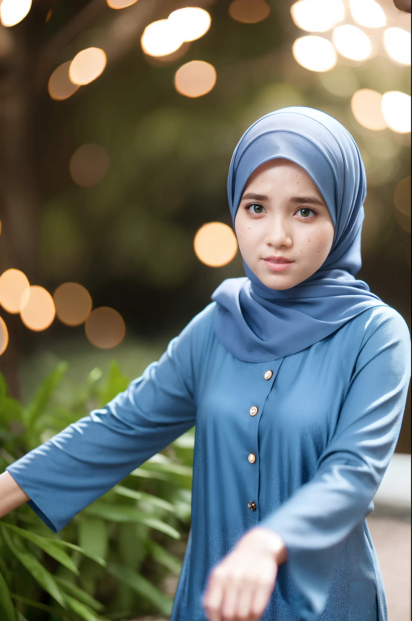 wanita cantik memakai hijab, rok panjang, di taman penuh bunga, (photography, realistic, bokeh, blur),