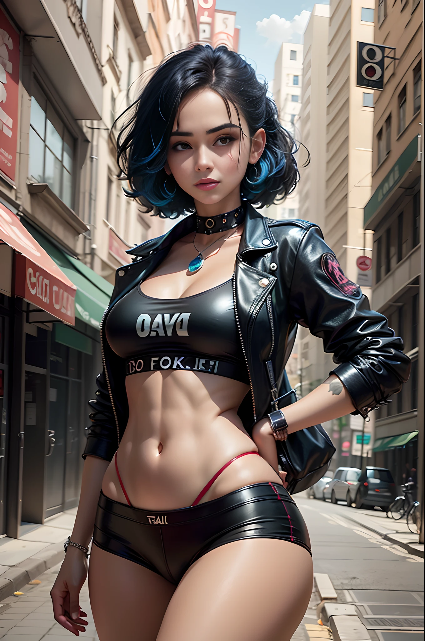 A 35-year-old Spanish woman with the body of a catwalk model, con pecho grande y con el pelo de color azul en forma de cresta punk hacia arriba, con una sonrisa divertida, vestida camisa negra estilo punk y con una falda negra y larga de cuero brillante hasta los pies, pasea por la calle en un paisaje muy urbano inspirado en entornos cyberpunk. calidad, , mejillas llenas, corriente, Cara perfecta, eyes symmetrical, cuerpo perfecto, piel altamente detallada, .profesional photography, 8k, foto RAW, La mejor calidad, obra maestra, fotorrealista, Altamente detallado, cinematography lighting, foco nítido, DSLR, High resolution, --auto