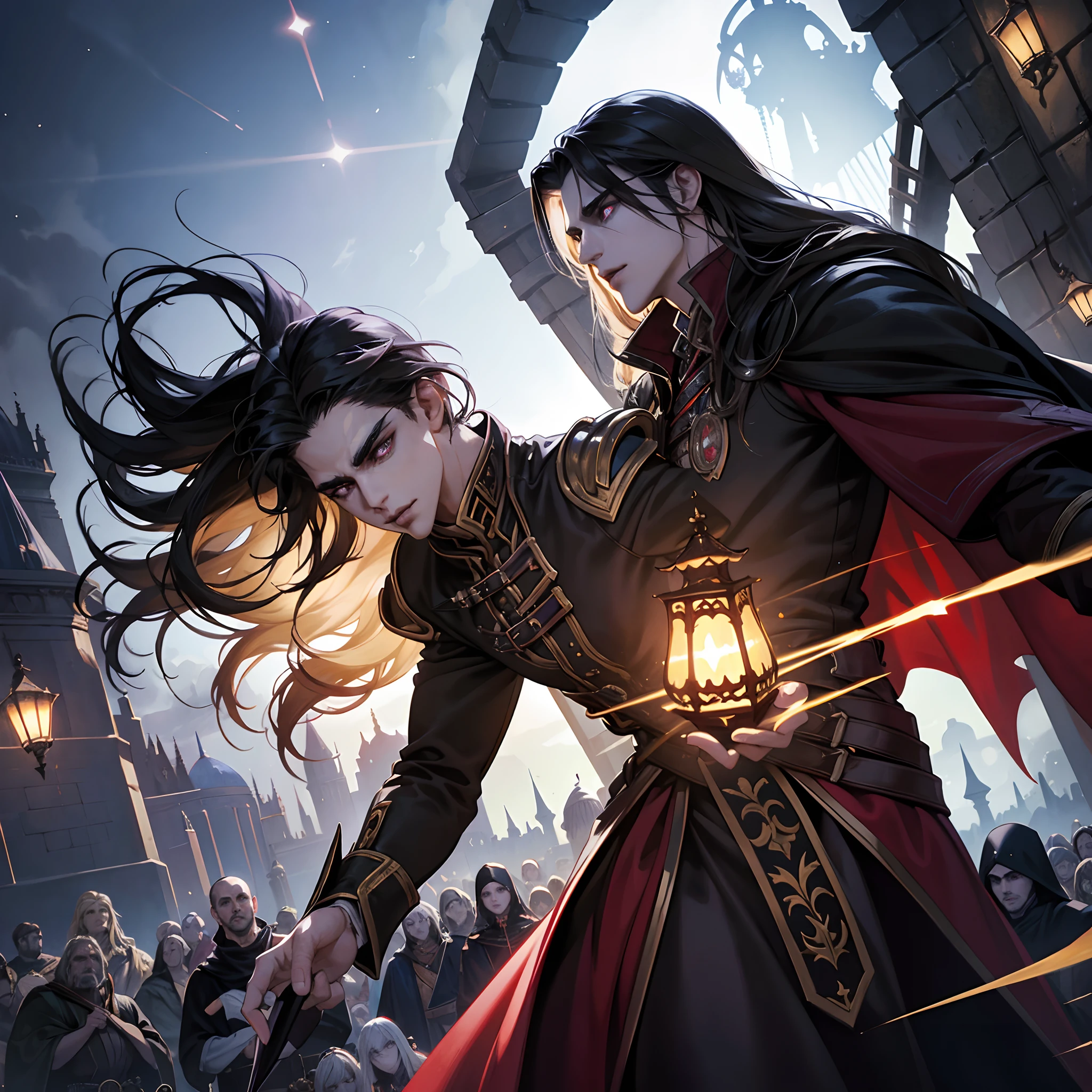 Castlevania Lord of the shadows hyper realistic super detailed Dynamic shot master piece scene cinématique scènes movie Epic Legendary Lord Dracula talking to his Islamique marocain princesse glowing crystal eyes hyper realistic super detailed hyper realistic super detailed Faces correct proportions super detailed poses