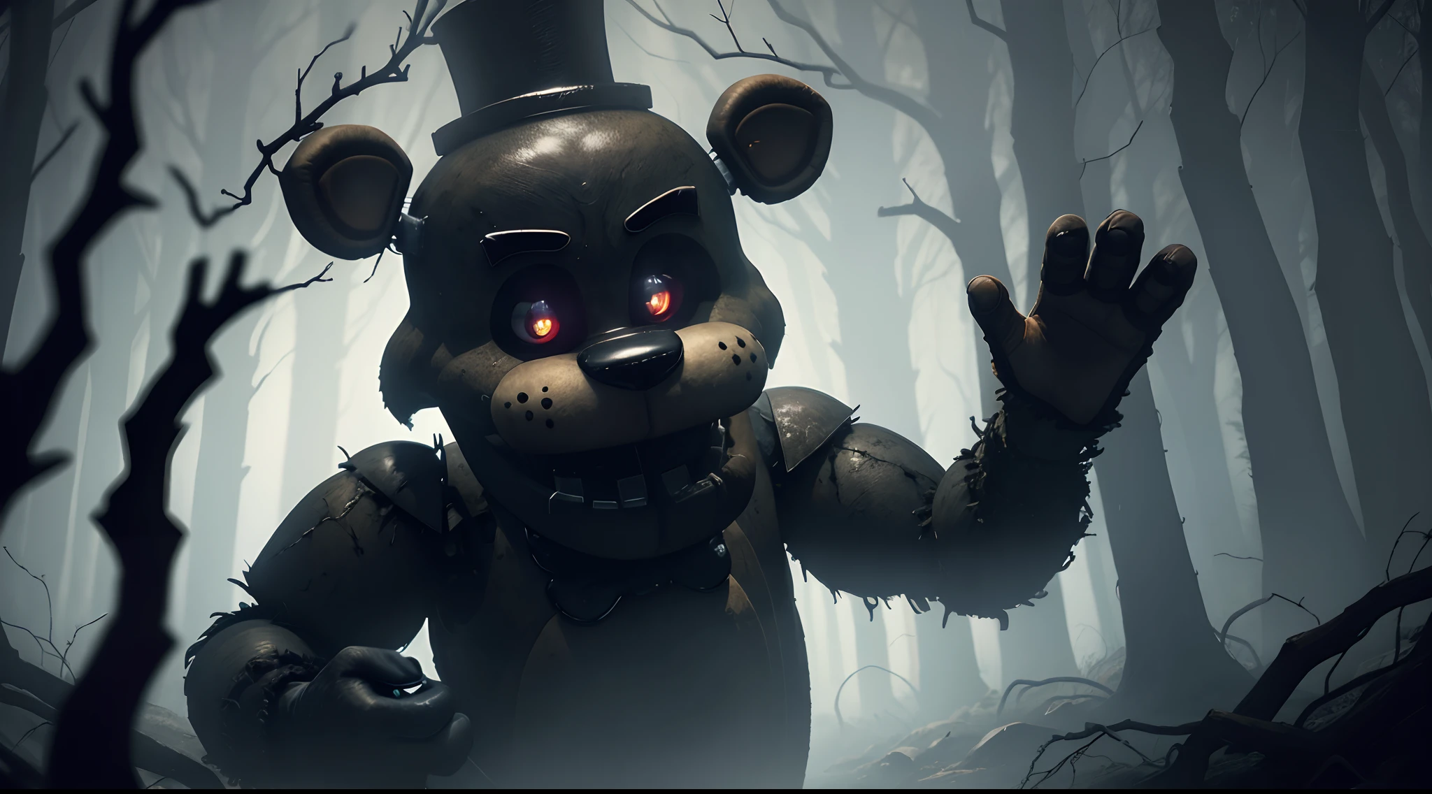 a,dark,forest,freddy fazbear,epic scene,freddy fazbear focus,up close angle,horror,haunting,ominous,spooky,menacing,foggy,misty,creepy atmosphere,mysterious shadows,majestic trees,twisted branches,glowing eyes,menacing grin,sharp teeth,creaking sound of branches,ominous whispers,gloomy lighting,dark silhouette,misty atmosphere,nightmare,pitch black,chilling,haunted,nighttime,unsettling,unforgiving,terrifying. (best quality,4k,8k,highres,masterpiece:1.2),ultra-detailed,(realistic,photorealistic,photo-realistic:1.37),HDR,UHD,studio lighting,ultra-fine painting,sharp focus,physically-based rendering,extreme detail description,professional,vivid colors,bokeh,horror,grim,foreboding,monstrous,unnerving,wilderness,nightmarish,dreadful,macabre,nightfall,spine-tingling,phantasmagoric,terrifyingly beautiful,wicked,dank,dread-filled,ghastly,dreary,oppressive,dismal,horrendous,formidable.