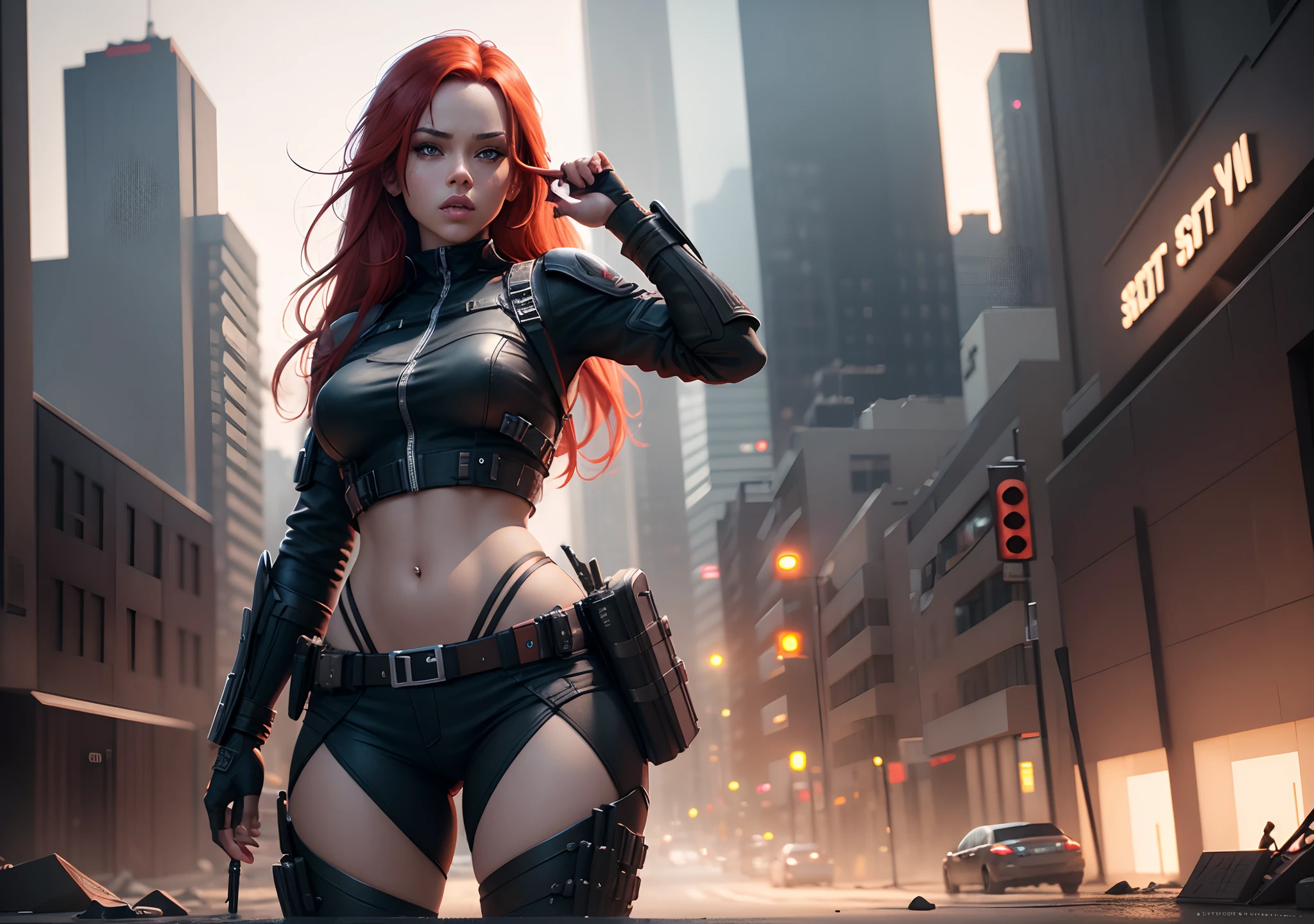 pretty girl with blindfold, transparent shirt, raised gun on her shoulders, long black tie, Long red hair, red lips, Big breasts((Nipple)), floor full of blood, in a dark room, light reflection effect, smoke effect,best quality, masterpiece, beautiful girl, 8k, High resolution, ultra realistic, extremely detailed face,