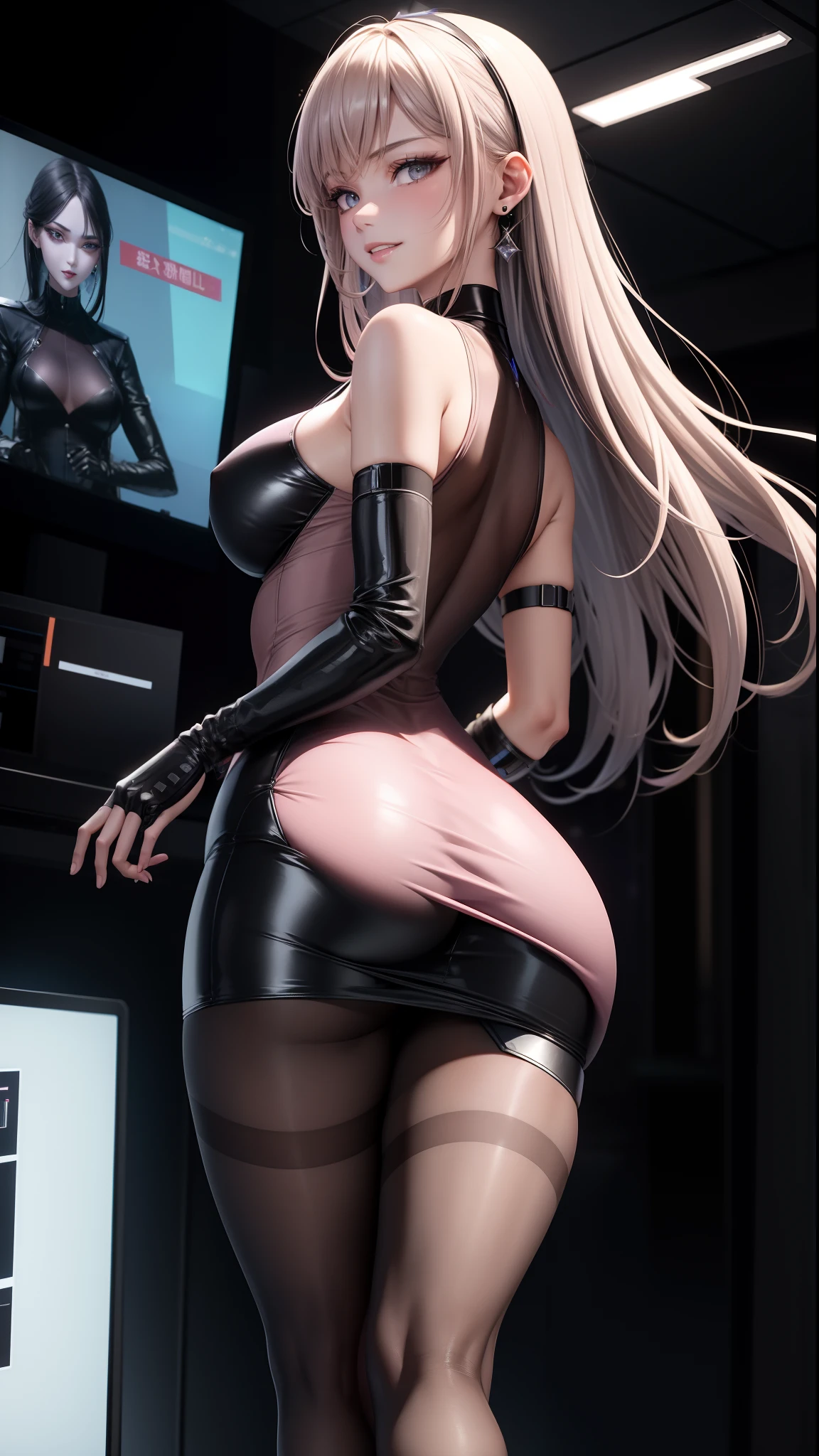 inside a high tech control room with many monitors and screen, bared legs, wearing black suit and mini tight skirt, a girl with calm and rational personality, demonstrating a loyal and efficient approach to her tasks, human-like aspect to her, possess emotions and empathy, leadership and cooperation would be crucial traits for her in order to support the mercenaries effectively, 6-foot-tall mechanical being with a silver metallic exterior, boasts a futuristic design, sports data control gloves on her wrists, with small hardware interfaces on her fingertips, waist carries a belt containing communication devices, hacking tools, and other accessories, 8k, masterpiece, RAW photo, best quality, photorealistic, extremely detailed CG unity 8k wallpaper, Depth of field, Cinematic Light, Lens Flare, Ray tracing, (extremely beautiful face, beautiful lips, beautiful eyes), intricate detail face, ((ultra detailed skin)) 1girl, in the dark, deep shadow, pretty korean girl, kpop idol, 1 girl, (very slim slender fit-muscled body:1.3), ((looking at viewer)),(big smile:1.3), (fashion city night, dark night, (neon sign), (blurred background), fashion street night),(without people in the background:1.3), beautiful earrings, bracelets, necklace, pantyhose, clear eyes, walking, (pale skin), (big eyes), face forward, (brown hairs), (full body shot), ((silk hot rosy pink color dress:1.3)), ((tight fitting dress)), ((laced dress)), (looking at viewer:1.3) open breast, very slim, medium breasts, turning back, (back shot), ass focus, brow front,(tight dress), thick thighs