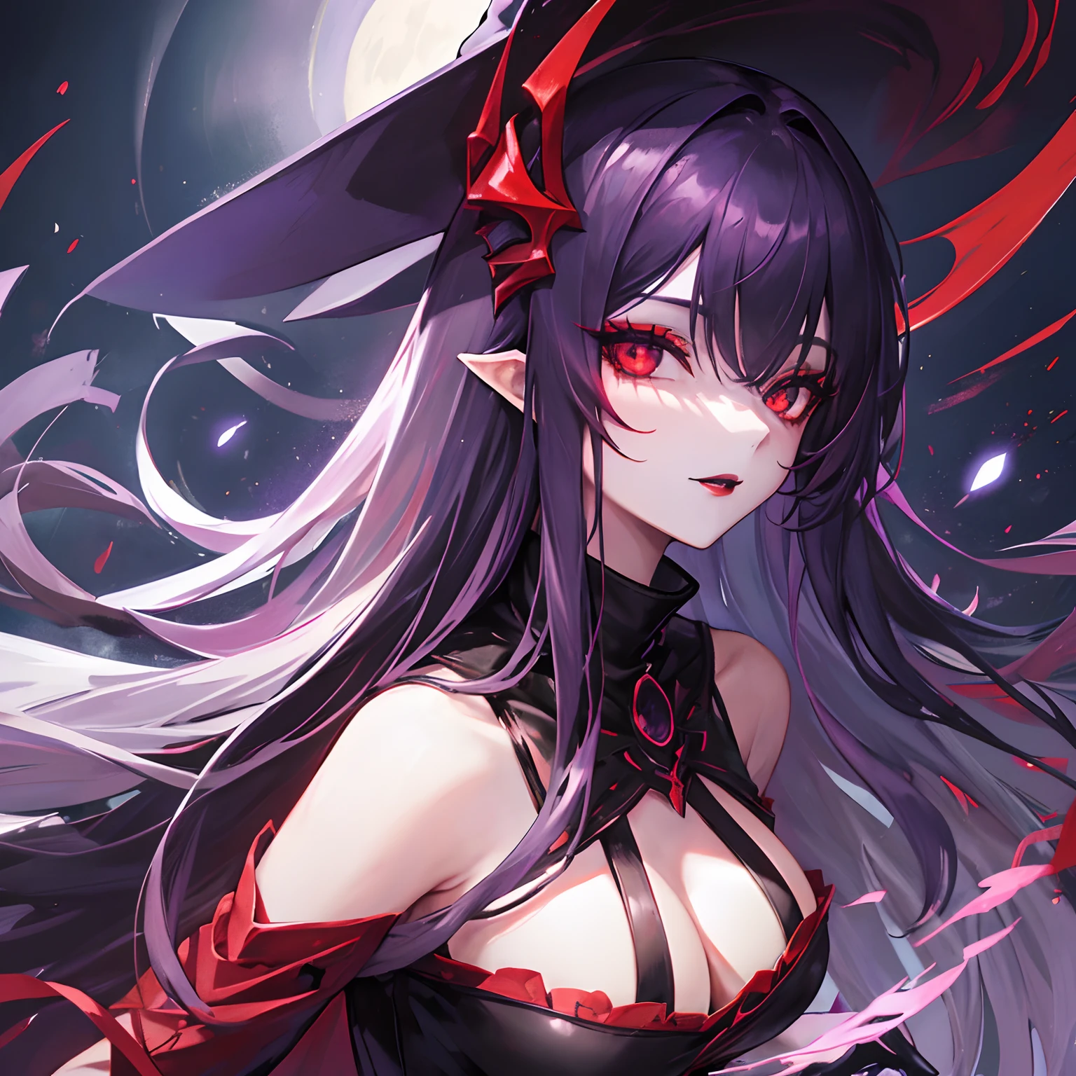 Woman, long dark purple hair, red eyes with a bright light, black long open dress, witch, silver jewelry in the shape of ribs, metal mask on half of the face, black lipstick