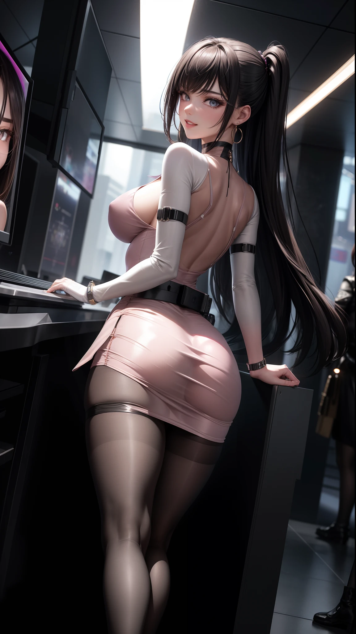 inside a high tech control room with many monitors and screen, bared legs, wearing black suit and mini tight skirt, a girl with calm and rational personality, demonstrating a loyal and efficient approach to her tasks, human-like aspect to her, possess emotions and empathy, leadership and cooperation would be crucial traits for her in order to support the mercenaries effectively, 6-foot-tall mechanical being with a silver metallic exterior, boasts a futuristic design, sports data control gloves on her wrists, with small hardware interfaces on her fingertips, waist carries a belt containing communication devices, hacking tools, and other accessories, 8k, masterpiece, RAW photo, best quality, photorealistic, extremely detailed CG unity 8k wallpaper, Depth of field, Cinematic Light, Lens Flare, Ray tracing, (extremely beautiful face, beautiful lips, beautiful eyes), intricate detail face, ((ultra detailed skin)) 1girl, in the dark, deep shadow, pretty korean girl, kpop idol, 1 girl, (very slim slender fit-muscled body:1.3), ((looking at viewer)),(big smile:1.3), (fashion city night, dark night, (neon sign), (blurred background), fashion street night),(without people in the background:1.3), beautiful earrings, bracelets, necklace, pantyhose, clear eyes, walking, (pale skin), (big eyes), face forward, (brown hairs), (full body shot), ((silk hot rosy pink color dress:1.3)), ((tight fitting dress)), ((laced dress)), (looking at viewer:1.3) open breast, very slim, medium breasts, turning back, (back shot), ass focus, brow front,(tight dress), thick thighs