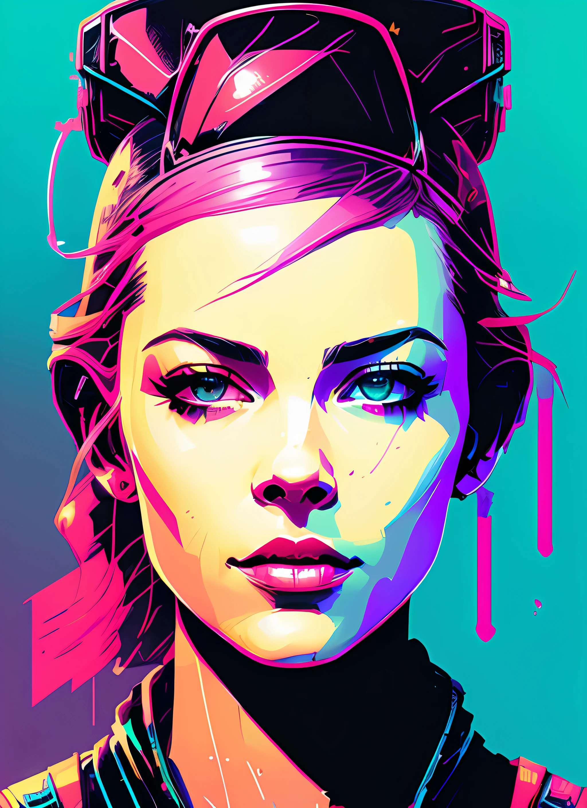snthwve style nvinkpunk close up portrait of a punk woman, punk rock, roller derby, tank girl, bubblegum, edgy, dangerous, high detailed, 8k, by jeremy mann, by sandra chevrier, by dave mckean and richard avedon and maciej kuciara